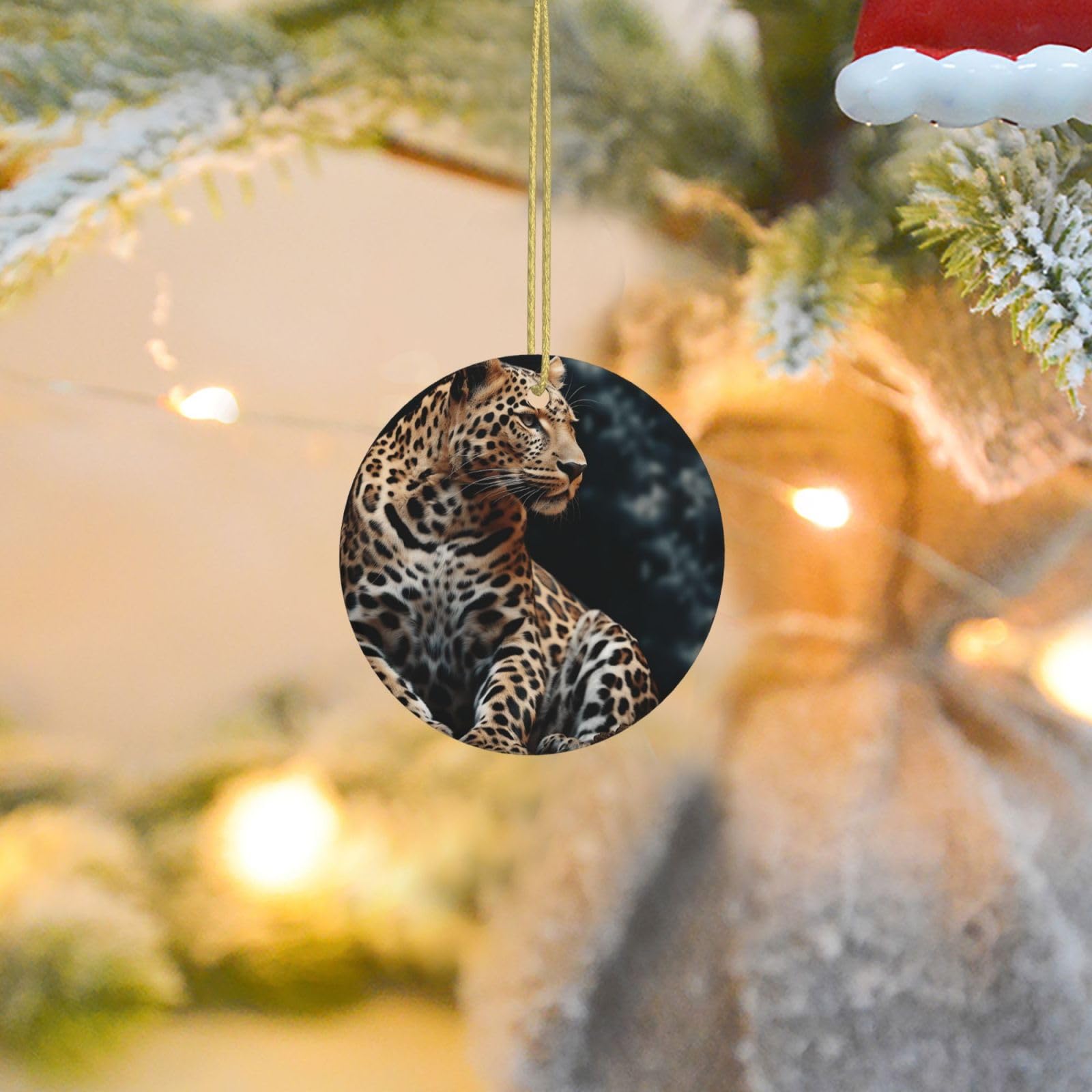 Christmas Tree Ornaments Ceramics Christmas Round Decorations A Leopard Sits Ceramics Ornaments Circle Pentagram Xmas Tree Hanging Pendant for Christmas Tree Party Holiday Home Decor