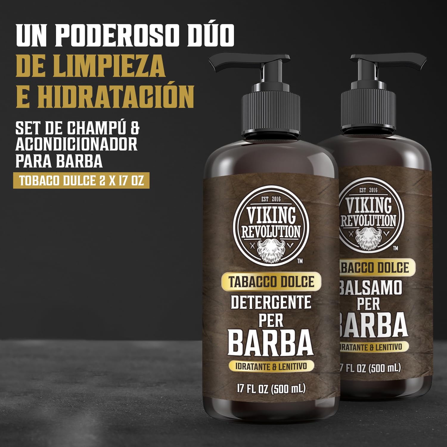 Viking Revolution Juego de Champú y Acondicionador de Barba con Aceites de Argán y Jojoba - Champú Barba Hombre que Suaviza, Alisa y Fortalece el Crecimiento - Tabaco Dulce 2x500 ml