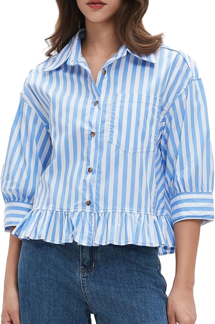 Womens Button Down Striped Shirts Peplum Ruffle Hem 3/4 Sleeve Casual Loose Babydoll Blouse Tops with Pocket