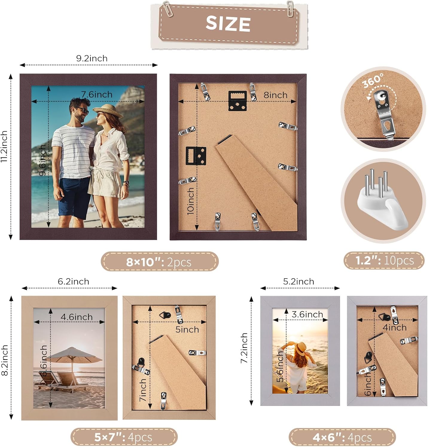 Funtopia Picture Frames, 10 Pack Picture Frames Collage Wall Decor, Gallery Wall Frame Set for Wall or Tabletop Display, Multi-size with 8x10, 5x7, 4x6 Family Photo Frames