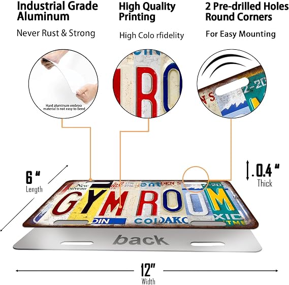 Vintage License Plate Wall Decor GYM Room Tin Sign for Home Office Garage Bar Restaurant Living Room Garden Yard 12 x 6 Inches (25189)