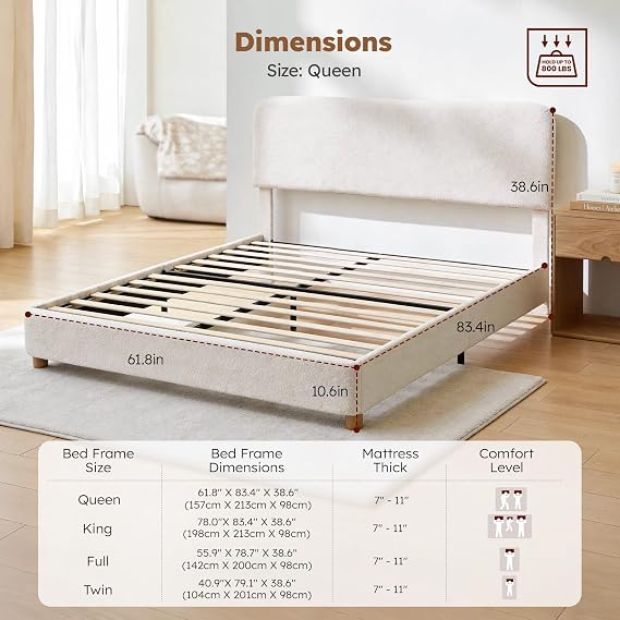 Queen Cloud Bed Frame, Wood Boucle Upholstered Platform Bed, Cream White
