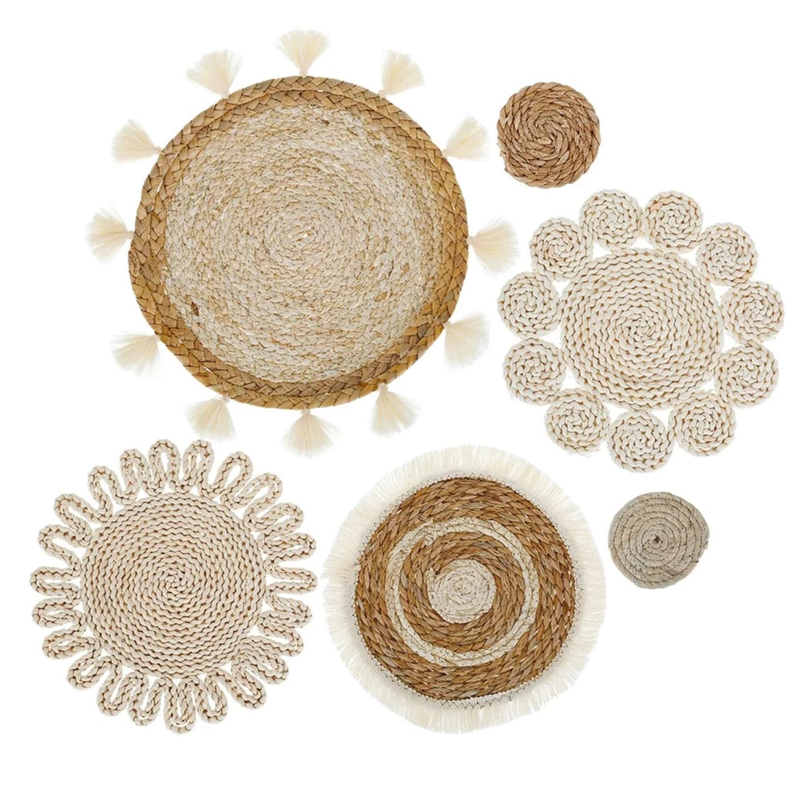 Cesta de pared de ratán Juego De Decoración Cestas For Pared, Planas Mimbre Tejidas, Colgante, Flores Hechas A Mano Con Borlas, 6 Uds