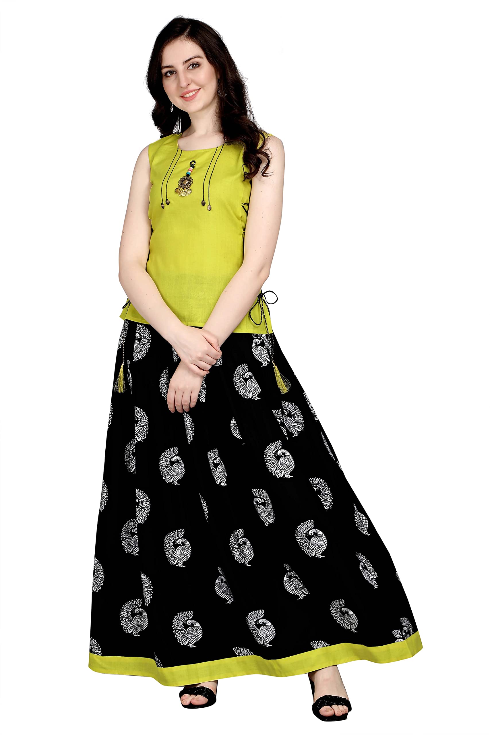 milastru Women's Ethnic Top and Skirt Set, Sleeveless Cotton Solid Top with Crepe Printed Long Skirt-picture-11