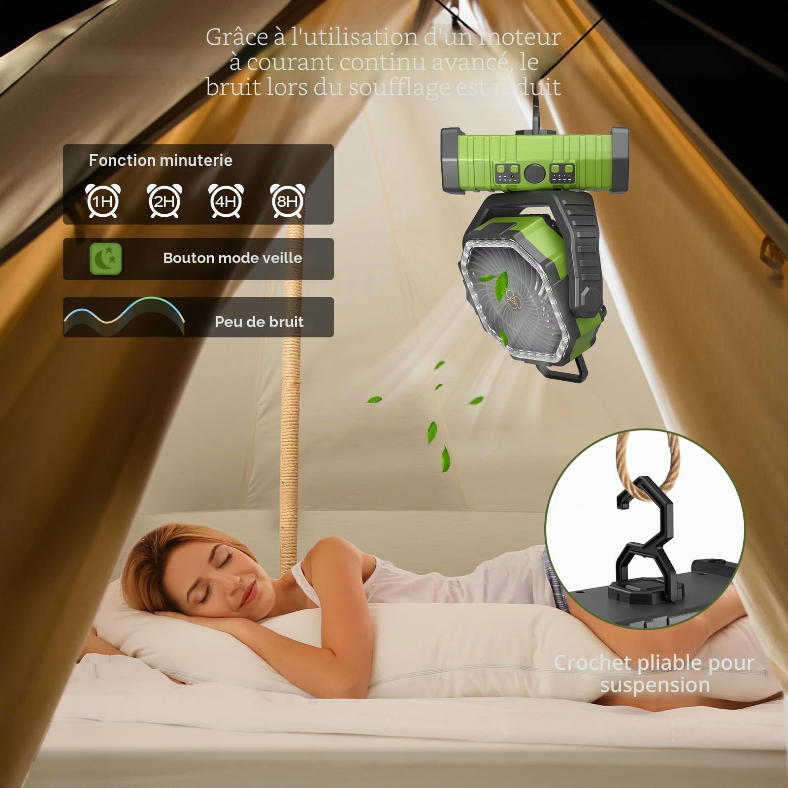 Ventilateur de Camping Portable avec Lumière LED, 4 Niveaux 20000 mAh avec Télécommande et Crochet Ventilateur de Table USB Silencieux pour Pêche, Pique-Nique, Barbecue, Randonnée