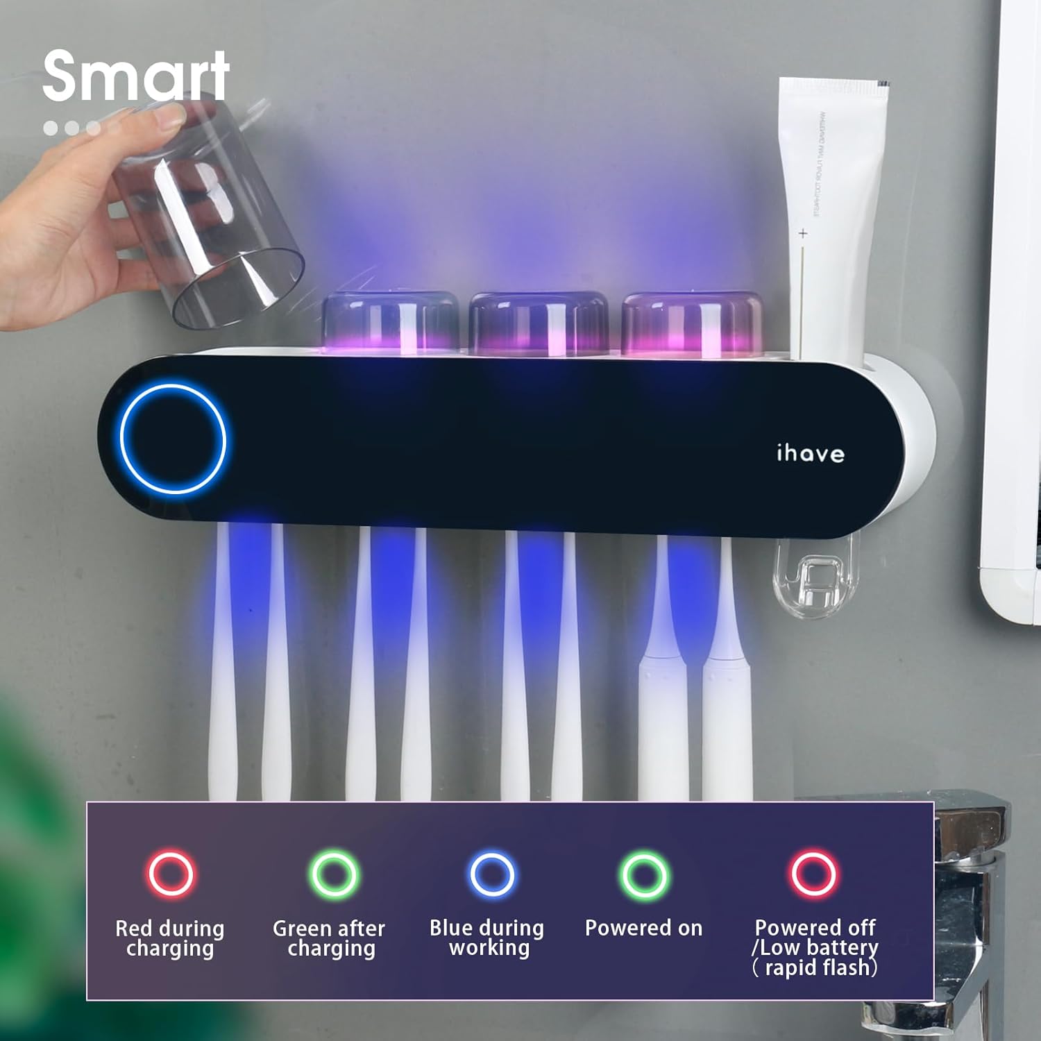 iHave Toothbrush Holders for Bathrooms, UV Toothbrush Sanitizer and Holder Smart Home Bathroom Accessories, 4 Cups Electric Toothbrush Holder Wall Mounted with Toothpaste Dispenser Bathroom Decor - Image 3