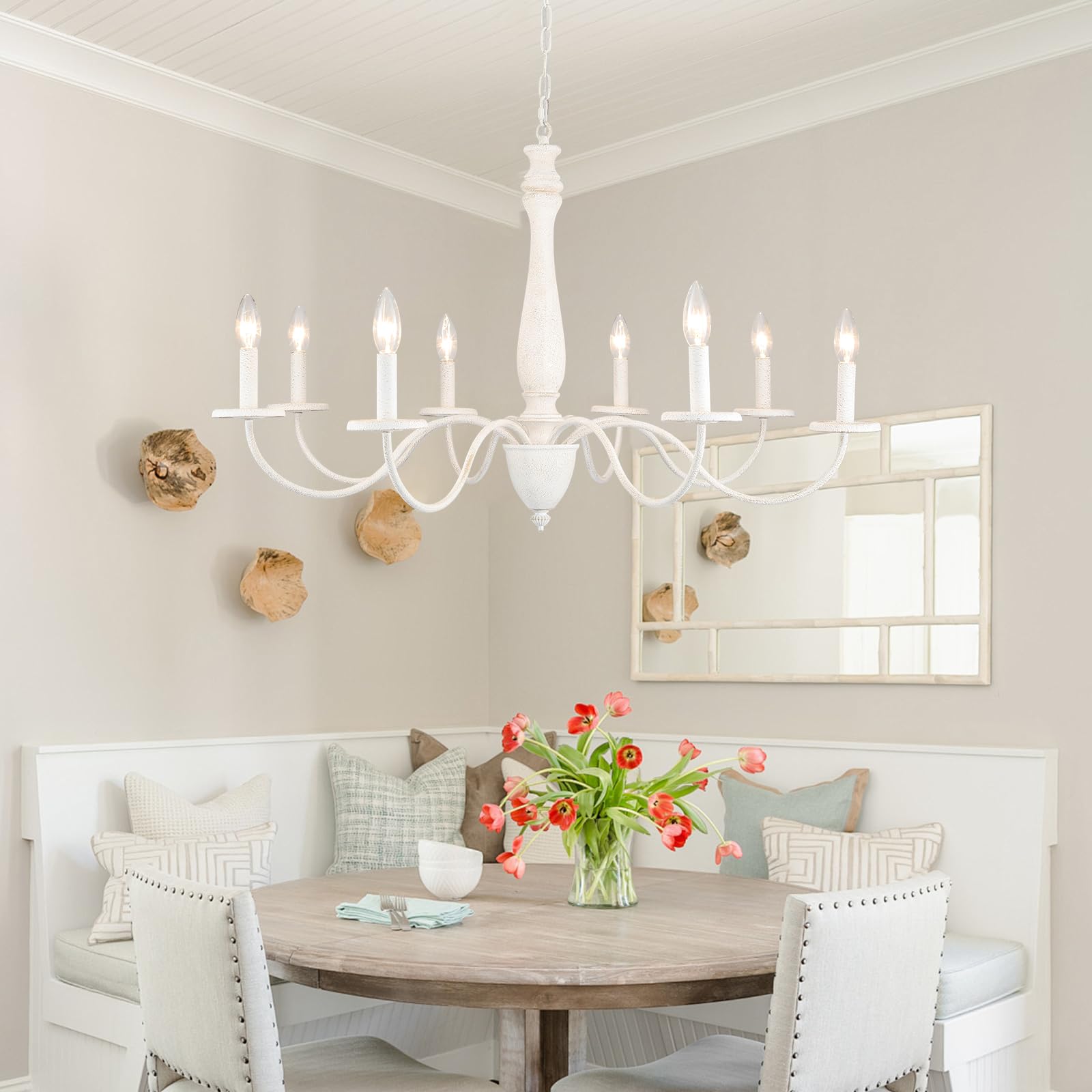 JZQWCK Distressed White Chandelier,8 Lights French Country Chandelier Antique Farmhouse Chandeliers for Dining Room Light Fixture Rustic Wood Vintage Chandelier for Living Room Bedroom Island Foyer