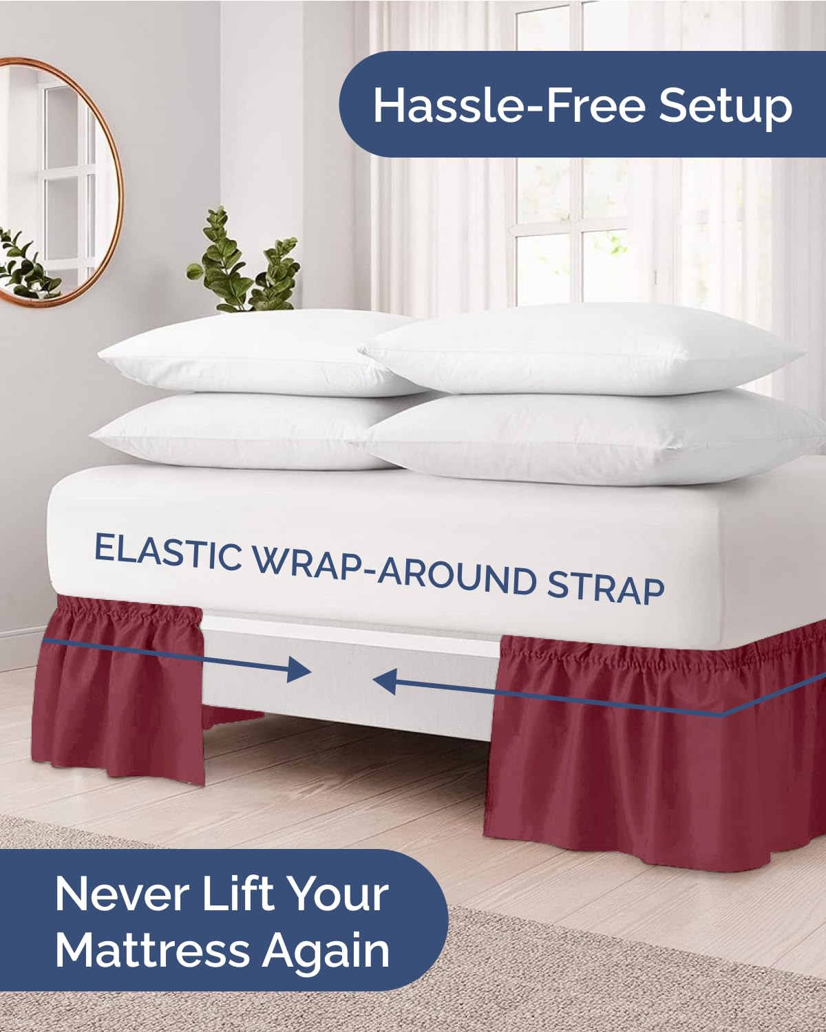CGK Unlimited Volant de lit plissé en tissu brossé, infroissable, lavable en machine, pour grand lit, hauteur de 38,1 cm, sangle élastique facile à installer, bordeaux
