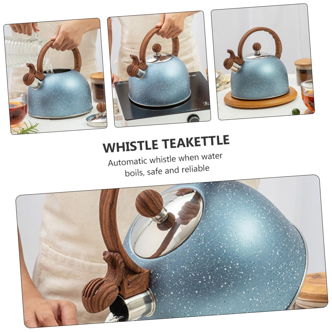 2,5l Blauer Teekessel aus Edelstahl mit Pfeife und Holzoptikgriff Geeignet für Induktion Anti Verbrühend für Zuhause und Restaurant