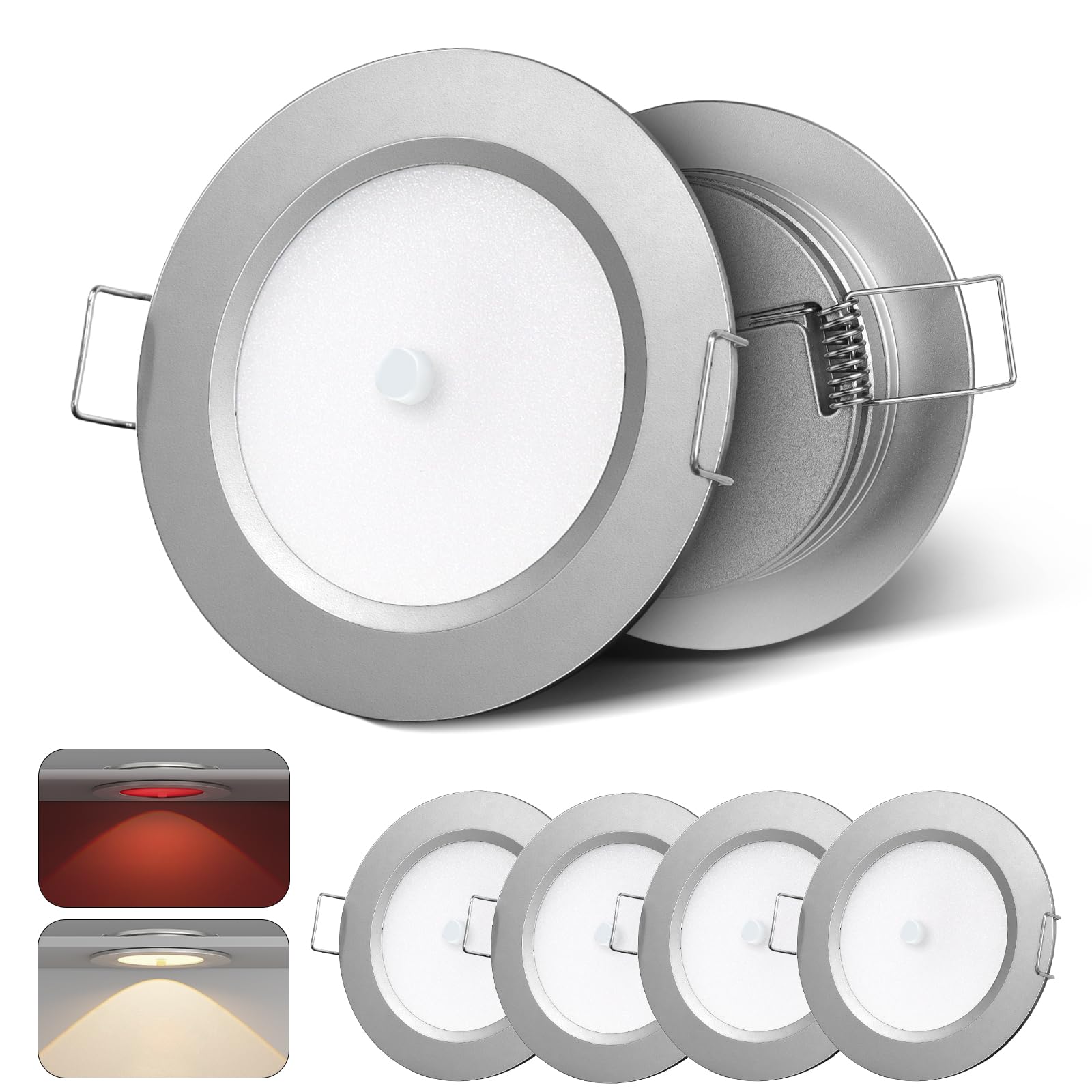 4 Piezas 2.5W Foco Empotrable 12VDC Regulable para Camper, Aluminio Focos LED Interior Techo 24VDC con Luz Roja para Autocaravana, Barco, Tráiler, Baño, Armario, Gabinete, Vitrina, 3000K