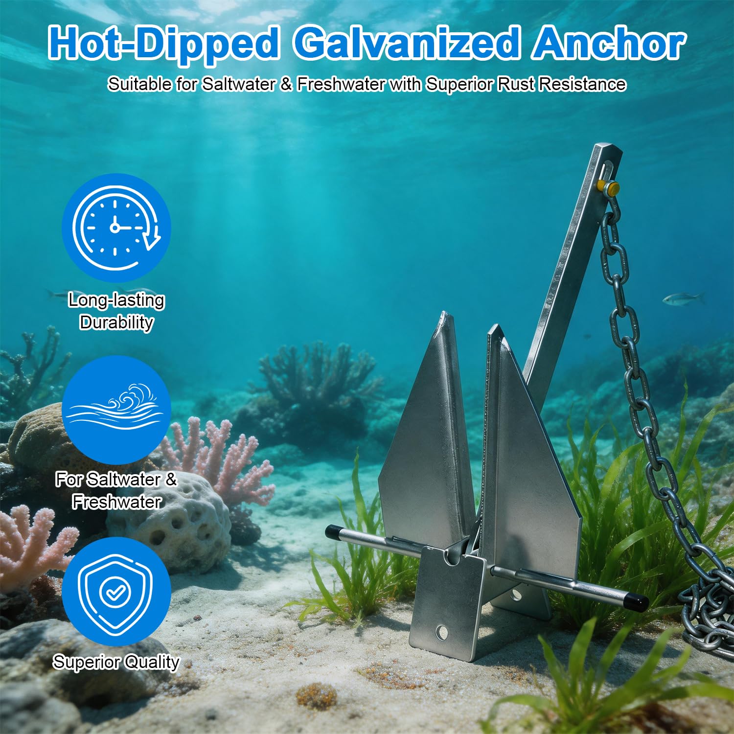 Heavy Duty Hot-Dipped Galvanized Danforth Anchor Kit for Boats - 5/8/10/13/18/25lb Fluke Anchor with Chain, Shackles & Rope, Ideal for Pontoon, Fishing & Sail Boats — Amazon image 4
