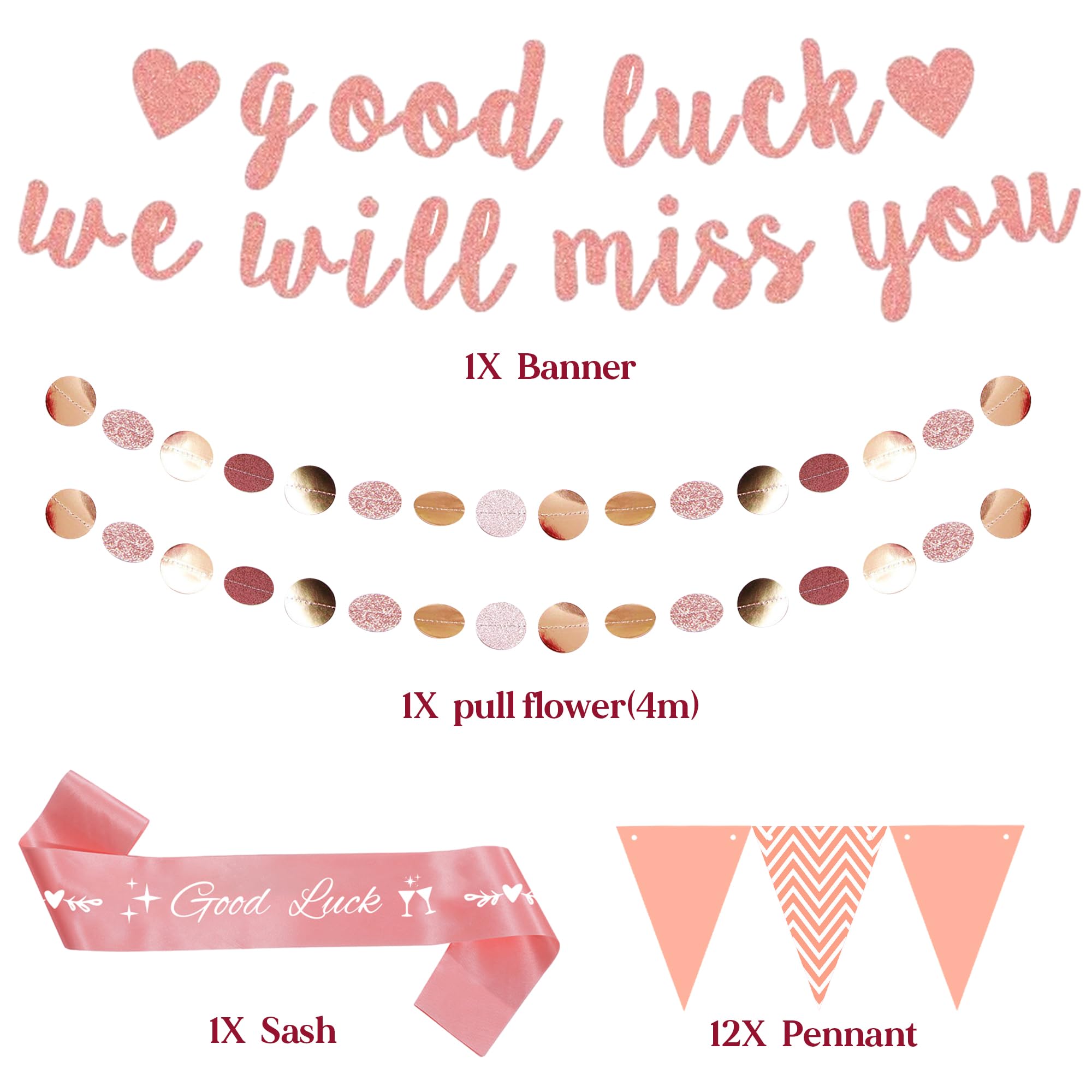 We Will Miss You Banner, Rose Gold Retirement Decorations Set including Glitter Triangle Bunting - Image 2