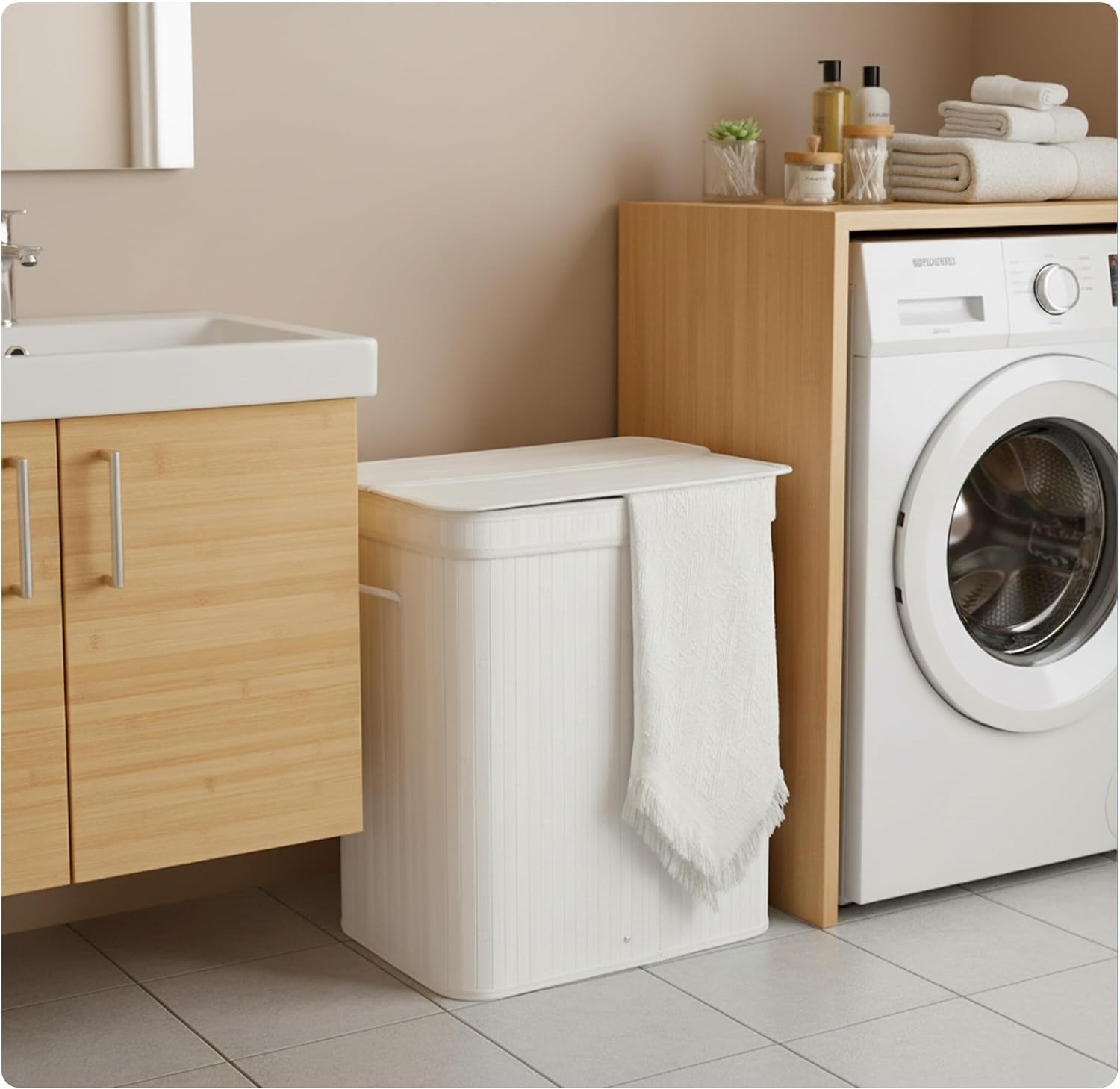 Relaxdays Bamboo Laundry Basket with Lid 150L 3 Compartments H 61.5 x W 61 x D 41.5 cm Bathroom Laundry Basket White