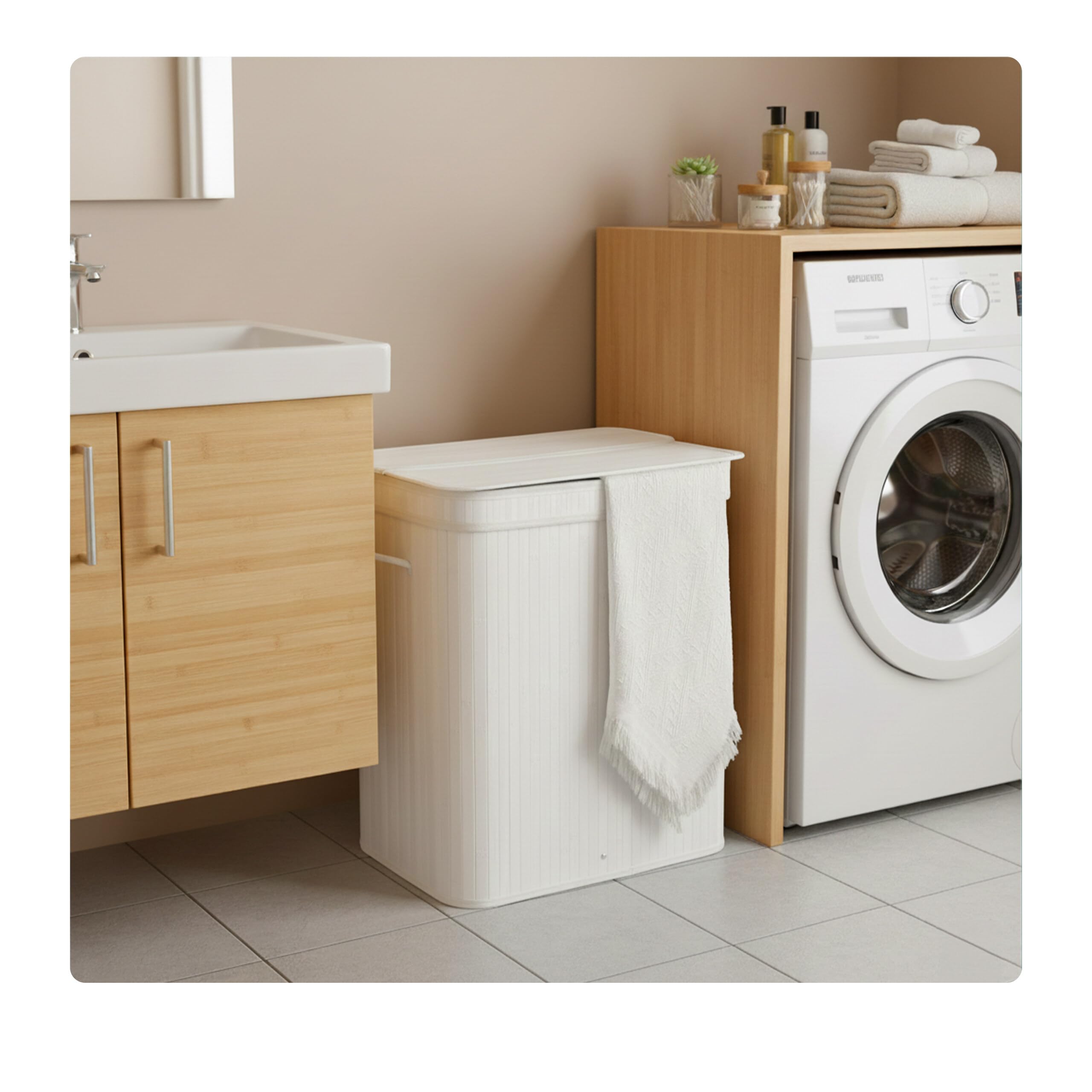 Relaxdays cesto para Ropa Sucia con Tapa, bambú, 72 l, Plegable, 60 x 40 x 30 cm, para el baño, Blanco