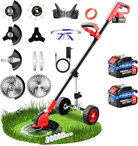 20000 RPM Electric Weed Wacker with Wheel,12″ Brushless Cordless Weed Eater Battery Powered, 4-in-1 Brush Cutter/String Trimmer/Grass Trimmer/Lawn Mower,Edger Stringless Weed Trimmer,5 Blade,2 Battery - Red