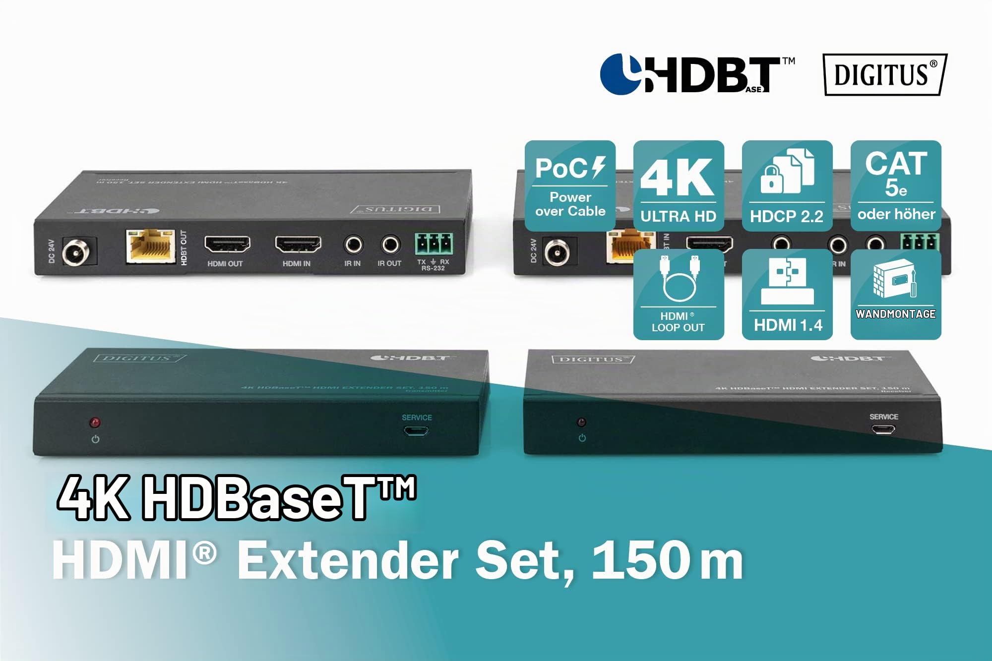 DIGITUS 4K HDBaseT HDMI Extender Set 150 m | HDBaseT 100 m Reichweite – Set Sender & Empfänger – Loop-Out, IR Infrarot, Audio, RS232 – HDCP 2.2, HDBaseT 1.0