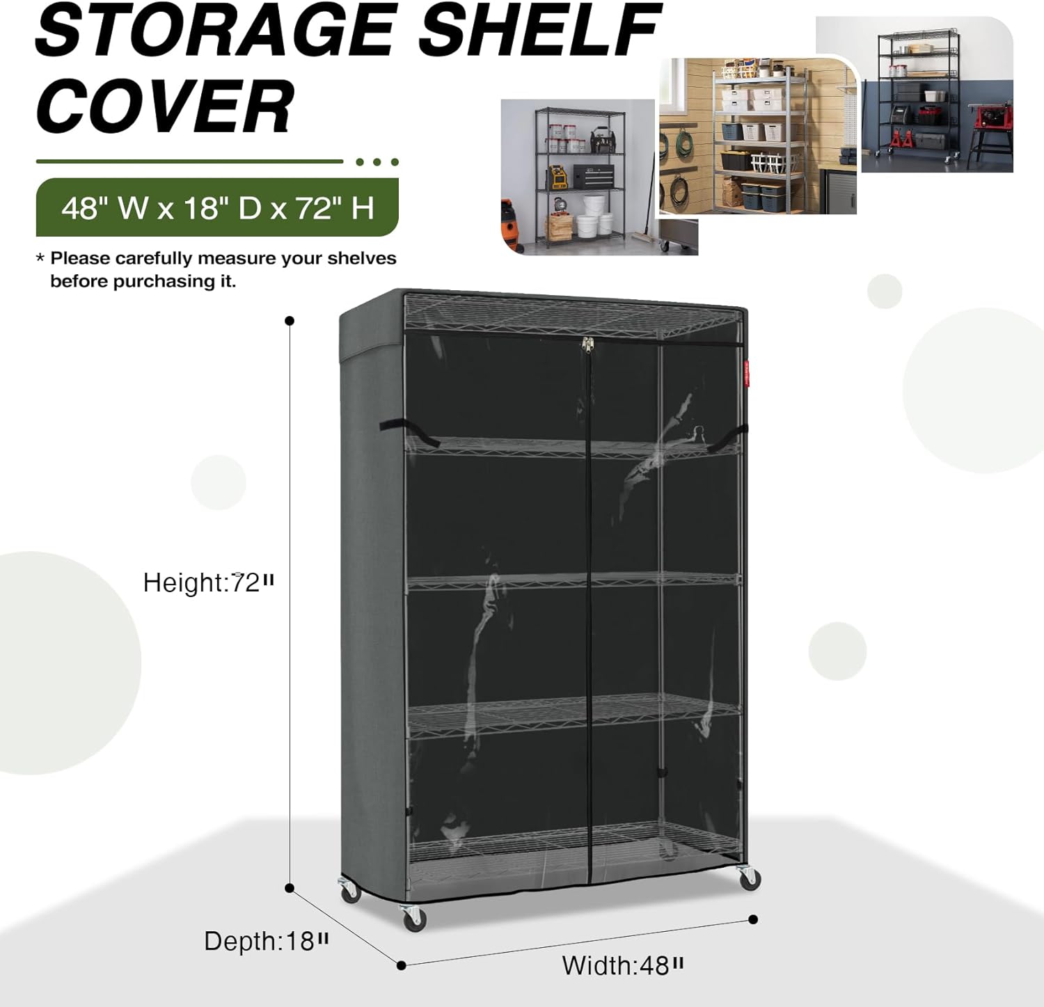 Porch Shield Storage Shelf Cover for Wire Rack - Dustproof Shelving Unit Cover with Front Transparent 48" x 18" x 72" Grey