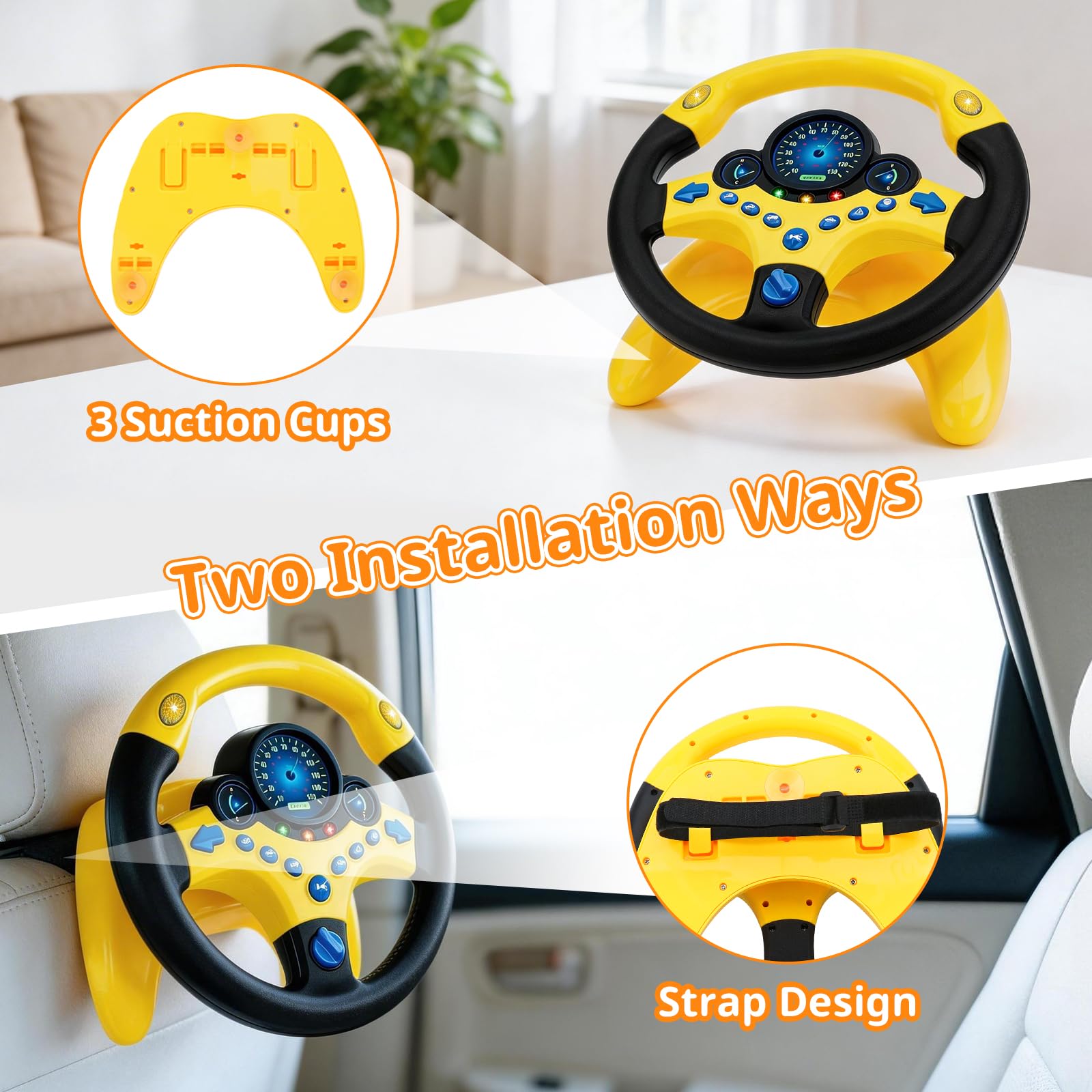 deAO Juguete de Volante para niños Volante de Simulación de Juguete con Luz y Sonido de Conducción Juguetes Regalo Educativos para Infancia (Amarillo)