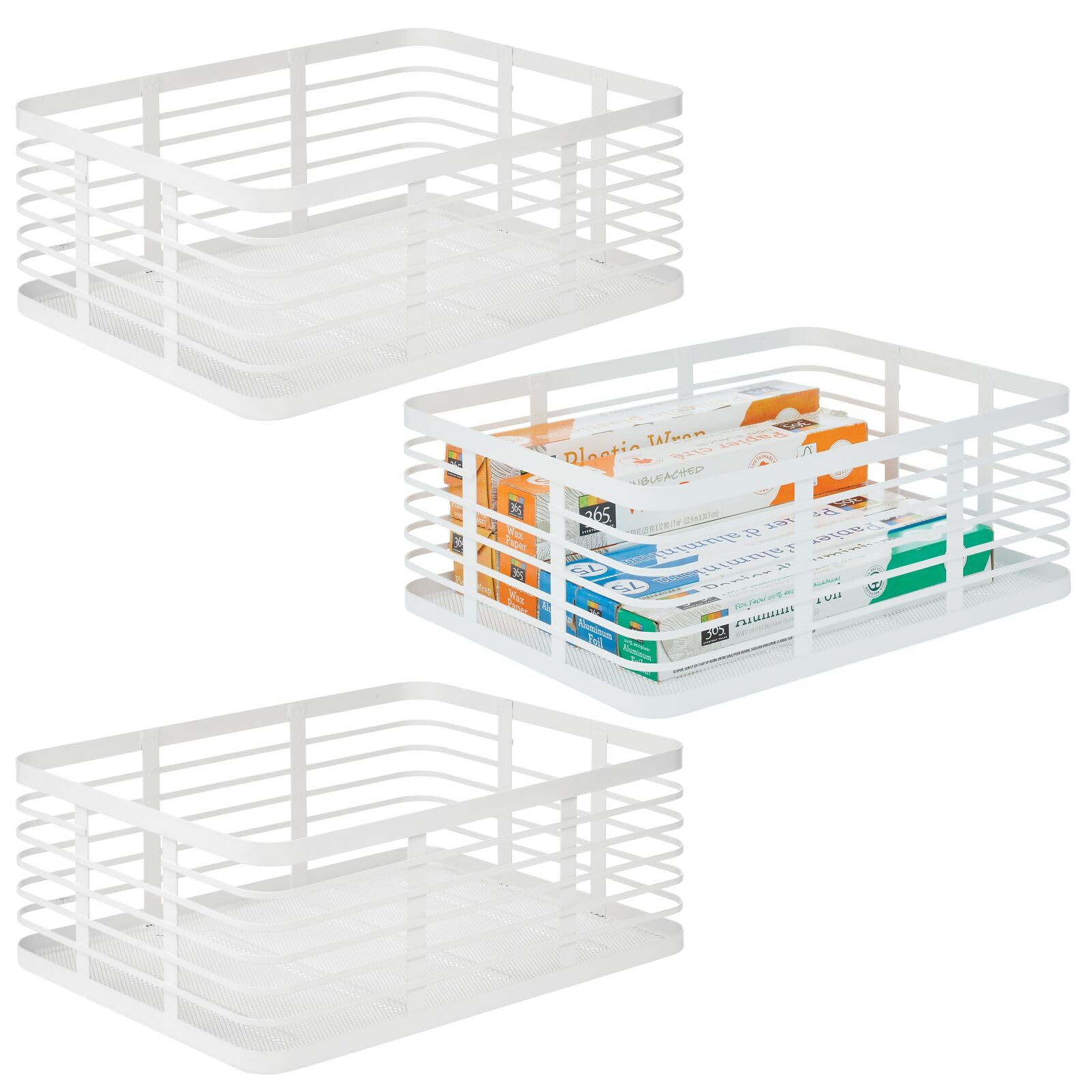 mDesign Large Steel Metal Wire Kitchen Food Storage Organizer Bin Basket for Pantry Organization - Wired Farmhouse Basket with Handle for Shelves - Carson Collection - 3 Pack, White