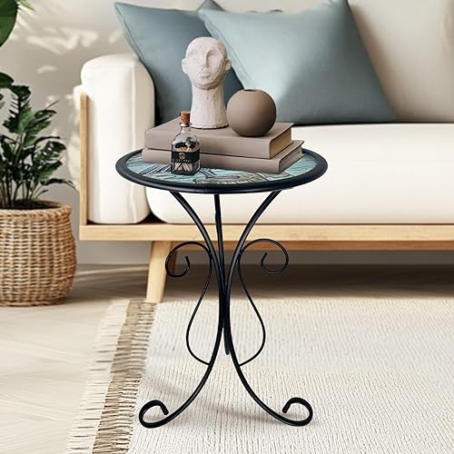 Miniatura 8 de HONGLAND Mesa auxiliar para exteriores, mesa pequeña para exteriores, mesa auxiliar redonda de 12 pulgadas, soporte para plantas de vidrio, mesa