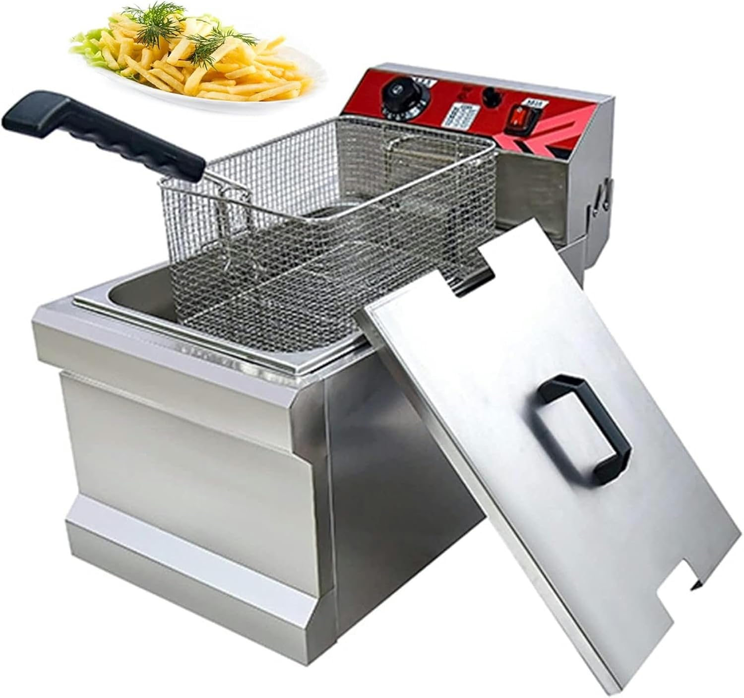 Commercial Electric Fryer for Countertop, Oil Fryer, 17L, 3000W, Stainless Steel Fryers with Removable Basket and Lid for Restaurant and Domestic Use ~/,