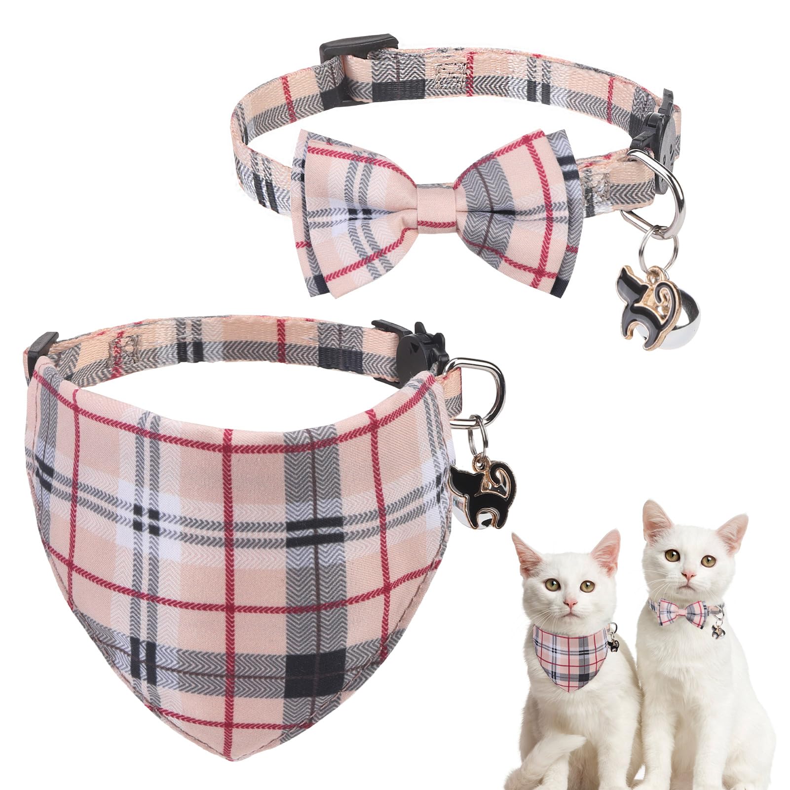 SCENEREAL Lot de 2 colliers pour chat avec clochettes, bandana amovible et réglable avec nœud papillon pour animaux de compagnie, petits chiens, garçons et filles, motif écossais beige
