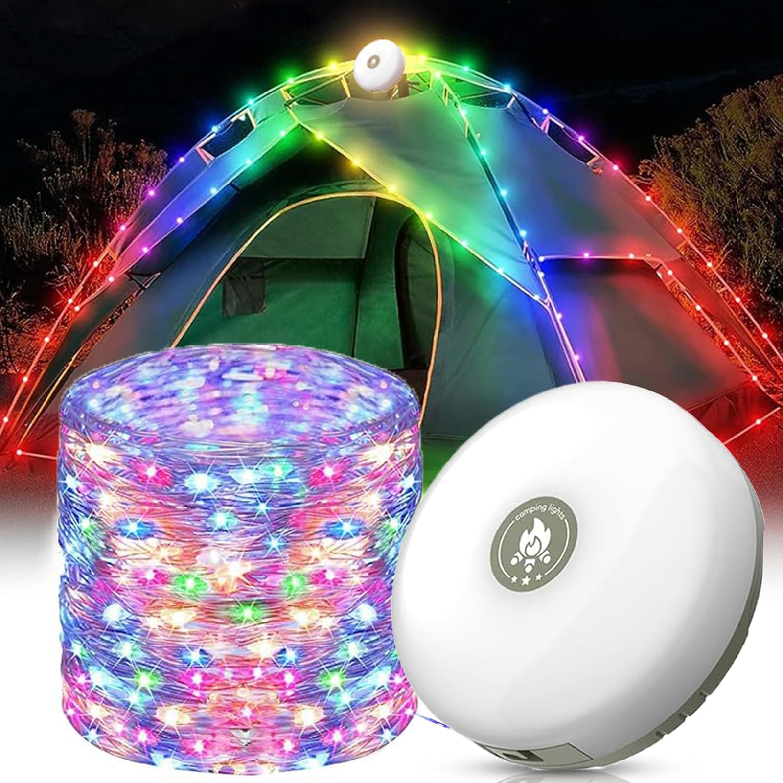 Outdoor Waterproof Portable Stowable String Light - 2 in 1 Rechargeable Camping String Lights - Retractable Tent Fairy Lights - for Hiking, Tent (Color, 10m)