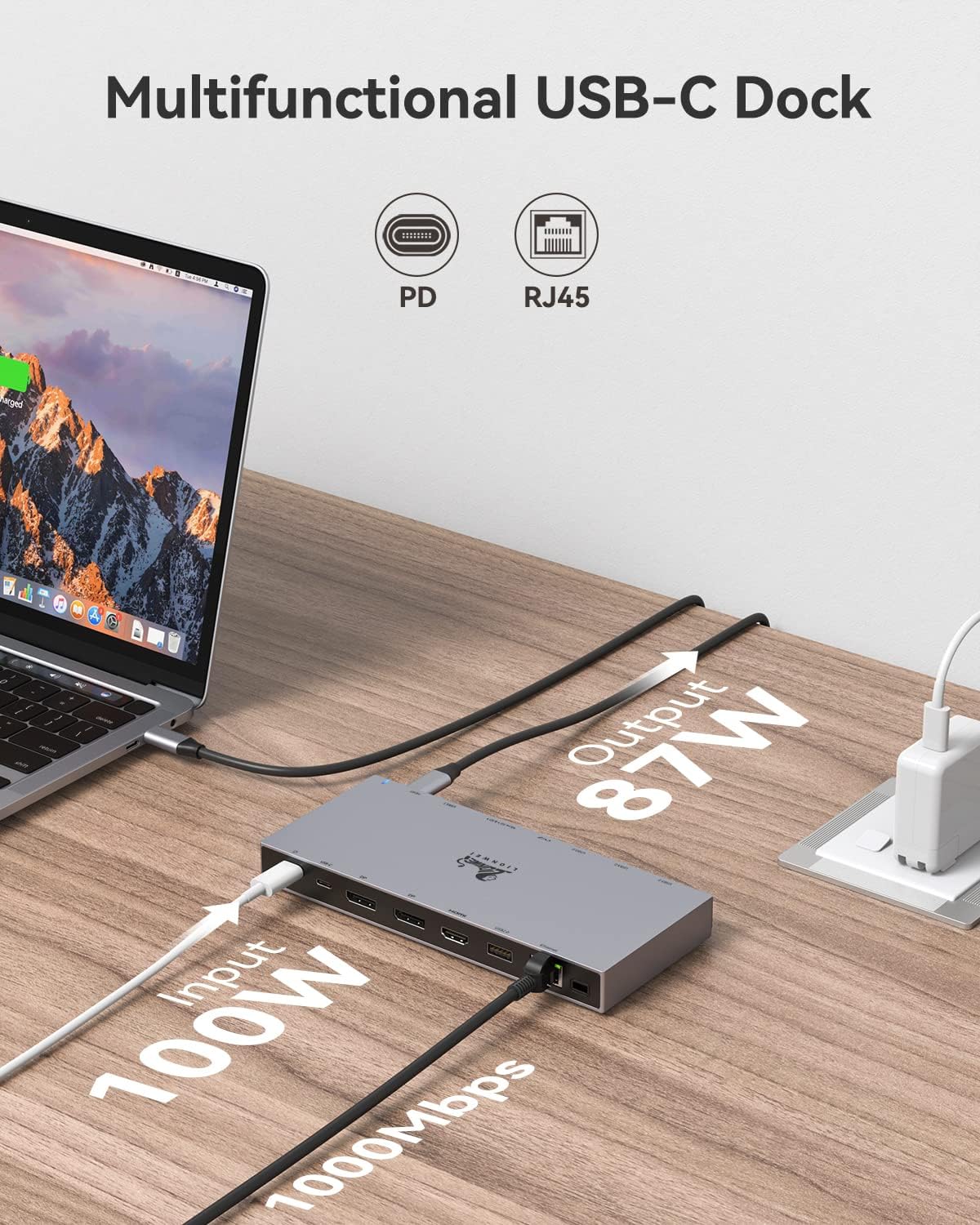 LIONWEI USB C Docking Station connected to a laptop, showing 100W power input and 87W power output, and 1000Mbps Ethernet connection.