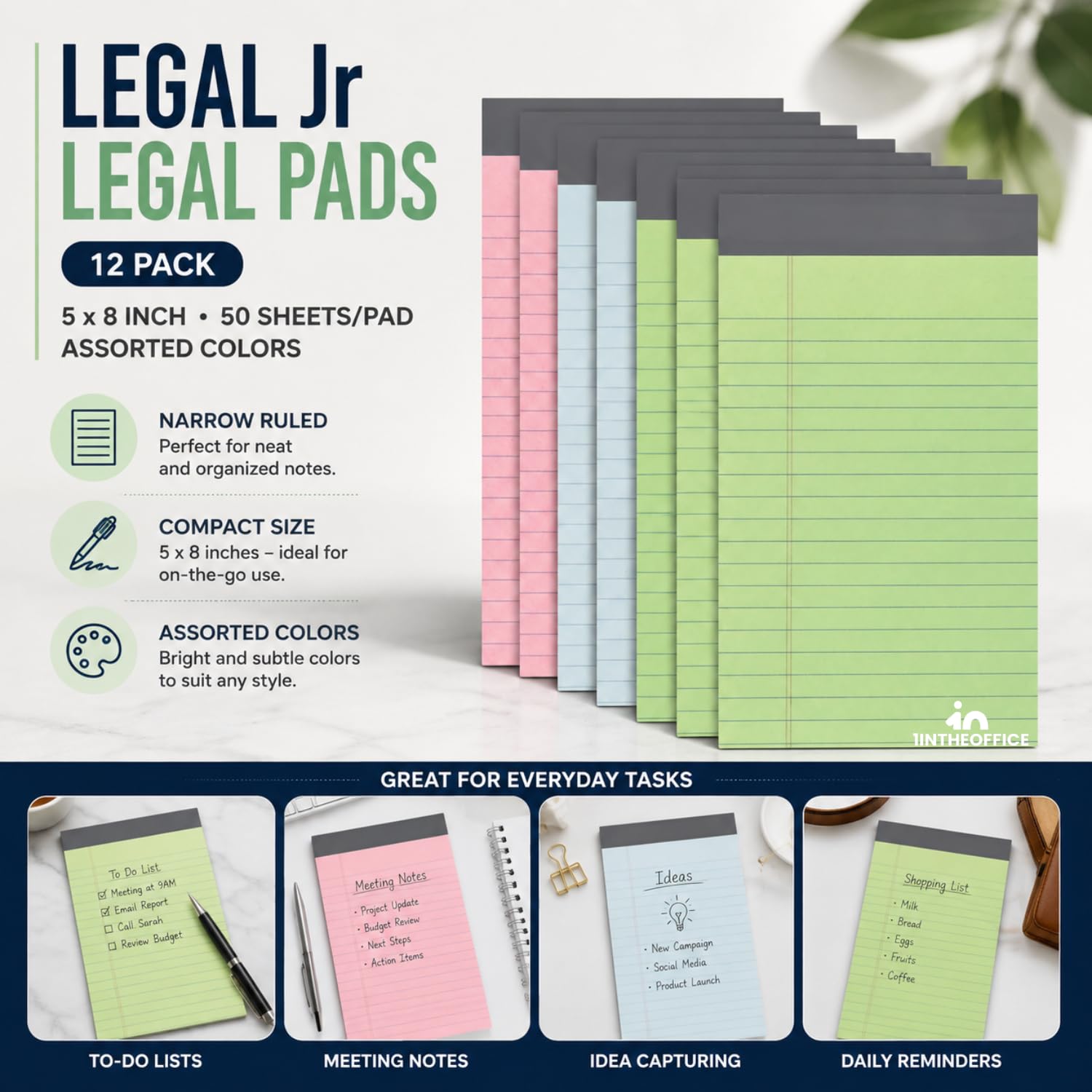1InTheOffice Legal Jr Legal Pads 5 x 8, almohadillas legales de colores, blocs de notas legales pequeños, bloc de notas con rayas estrechas, blanco, 50 hojas/bloc (12 por paquete)