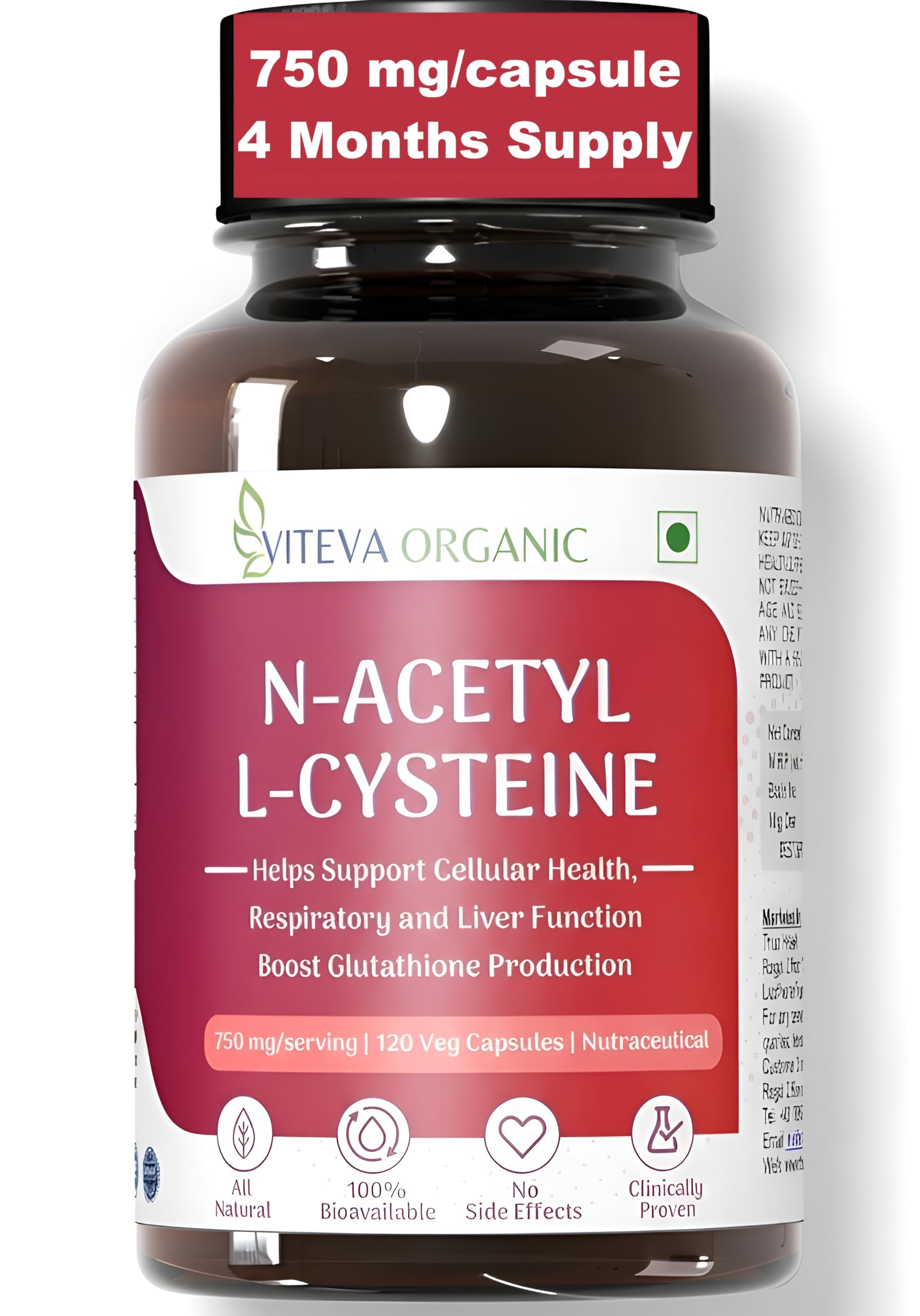 N-Acetyl L-Cysteine NAC Supplement 750mg - 120 Veg Capsules | >99% Pure Grade NAC with Piperine | Acetyl cysteine Thins Mucus, Boosts Glutathione, Liver & Lung Detox, Respiratory Health