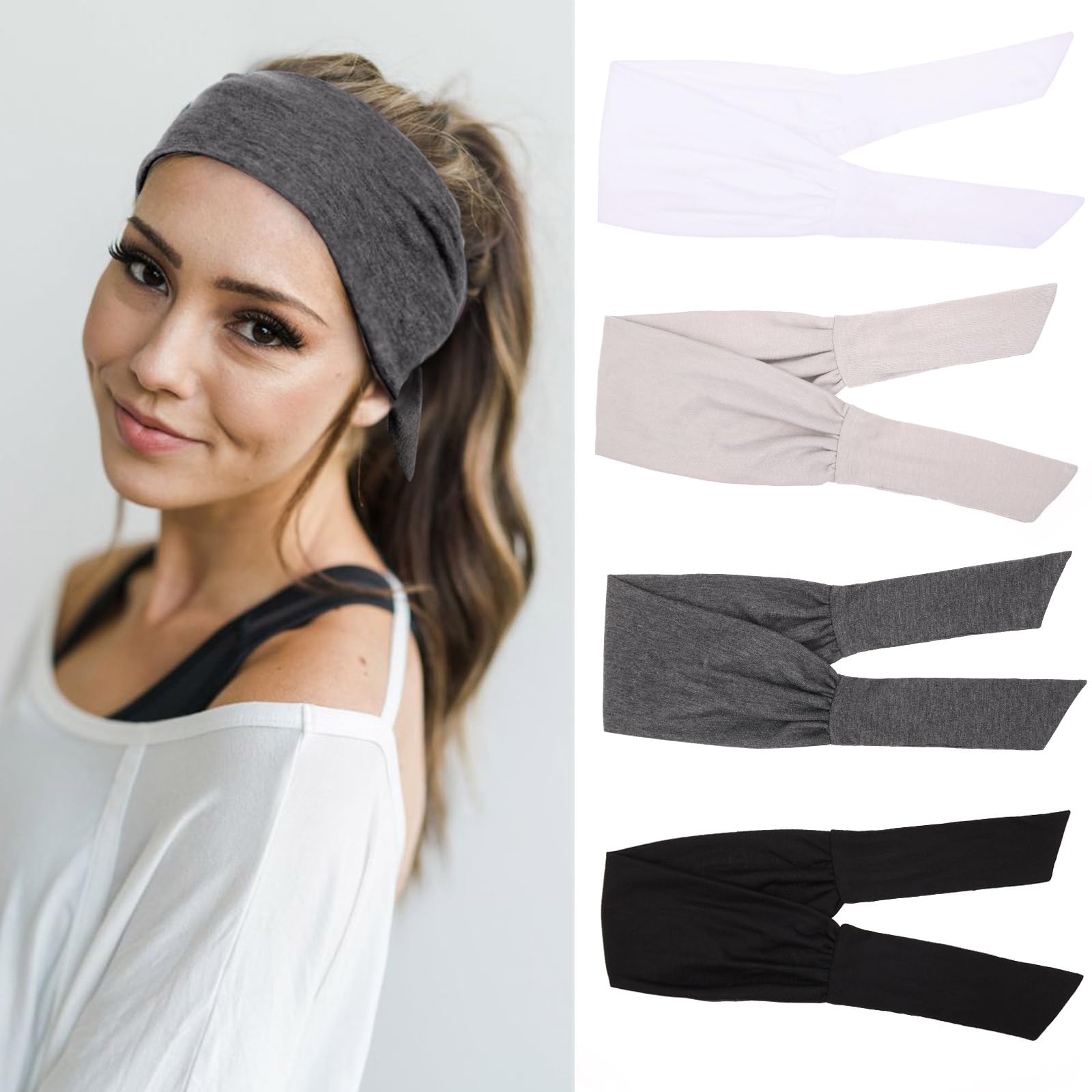 TuTive 4 Pieces Knotted Women's Headbands - Adjustable Elastic, Non-Slip Sweat Soft, Solid Color Simple Versatile Hair Accessory for Yoga Workout