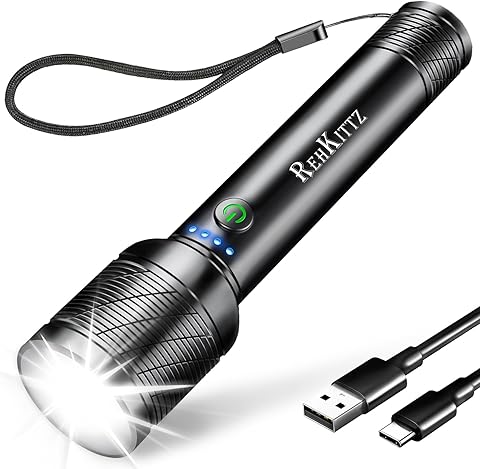 REHKITTZ Linterna LED Recargable Alta Potencia 2200 Lúmenes, Super Brillante(Batería Incorporada de Gran Capacidad)Linterna, con Indicador de Batería, 5 Modos, Enfoque Ajustable Flashlight (1 Piezas)