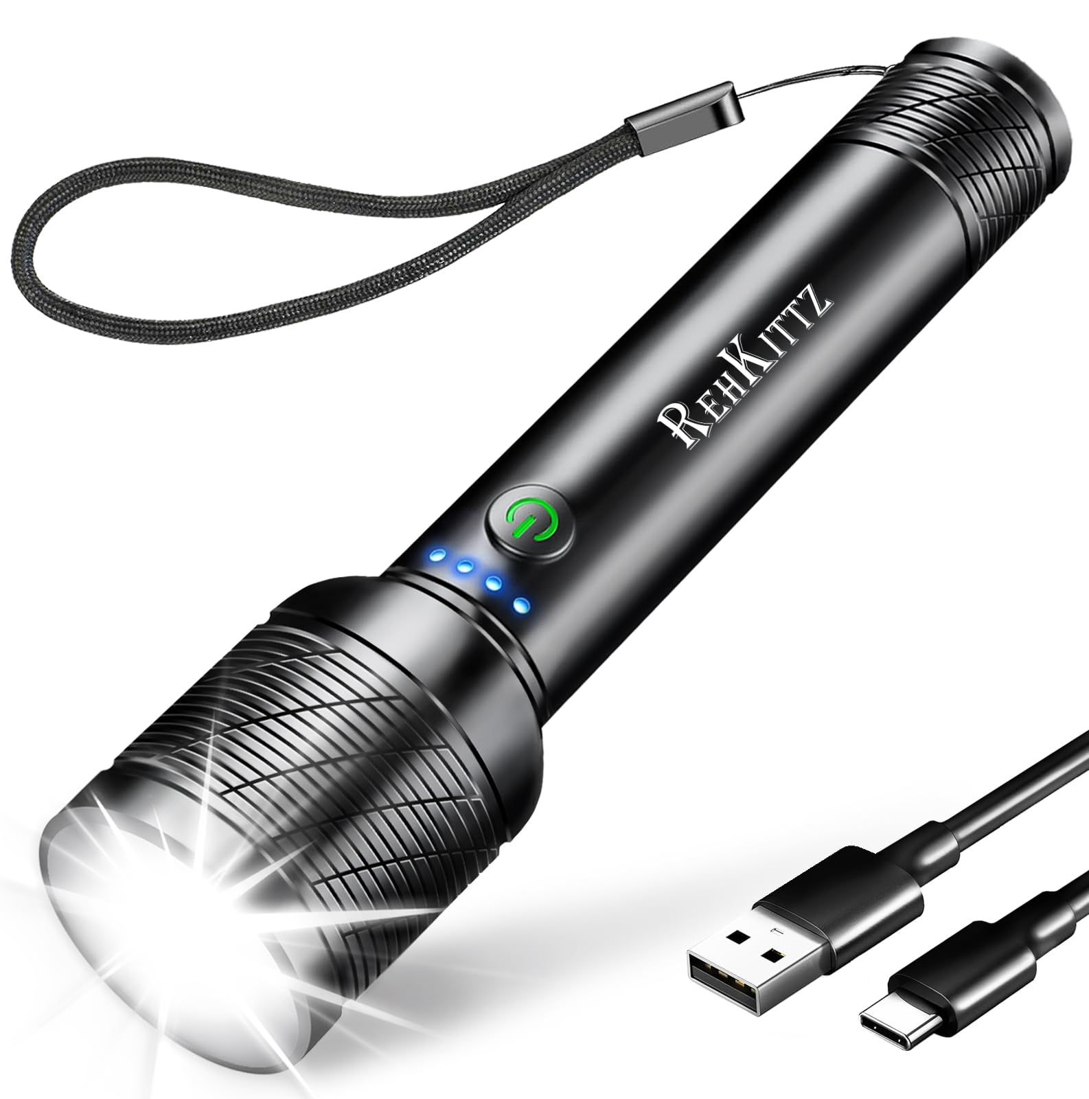 REHKITTZ LED Taschenlampe Extrem Hell 2200 Lumen Aufladbar(mit Integriertem Akku Hoher Kapazität),Mini Taschenlampe mit Batterieanzeige,Lange Laufzeit,Aluminiumlegierung,5 Lichtmodi,Zoombar(1 Stück)