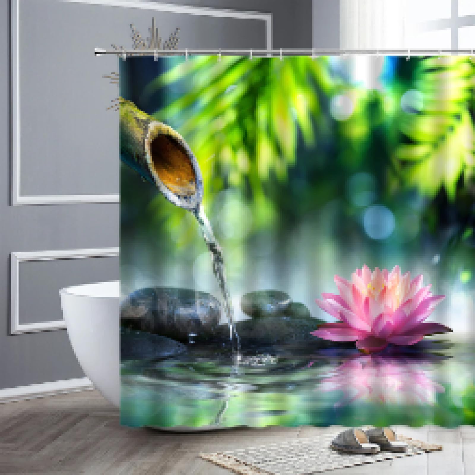 Rideau de bain imperméable anti-moisissure motif fleurs de lotus et cygne