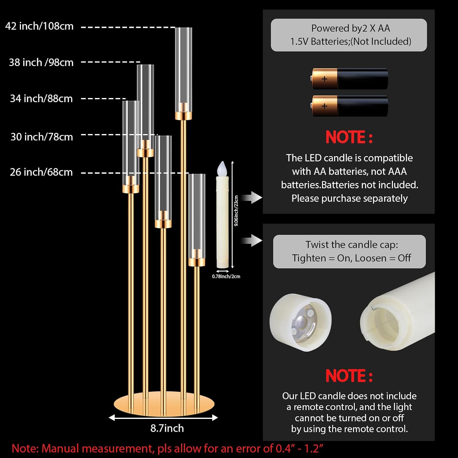 2 Sets 42'' Tall 5 Arms Candlesticks Holder with 20 LED Candle, Candelabra Centerpieces for Tables,Wedding Centerpieces,Gold Candle Holders for Wedding,Home Decoration Housewarming Gift