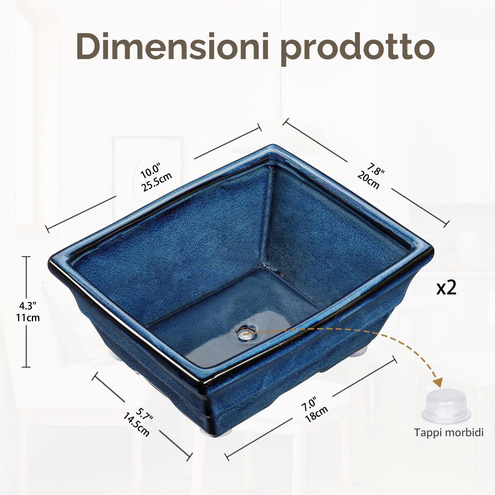 Oairse Set di 2 vasi poco profondi per bonsai, vasi per piante grasse per alberi bonsai vivi, vaso in ceramica da 25,5 cm per piante grasse da interno/esterno con foro di drenaggio