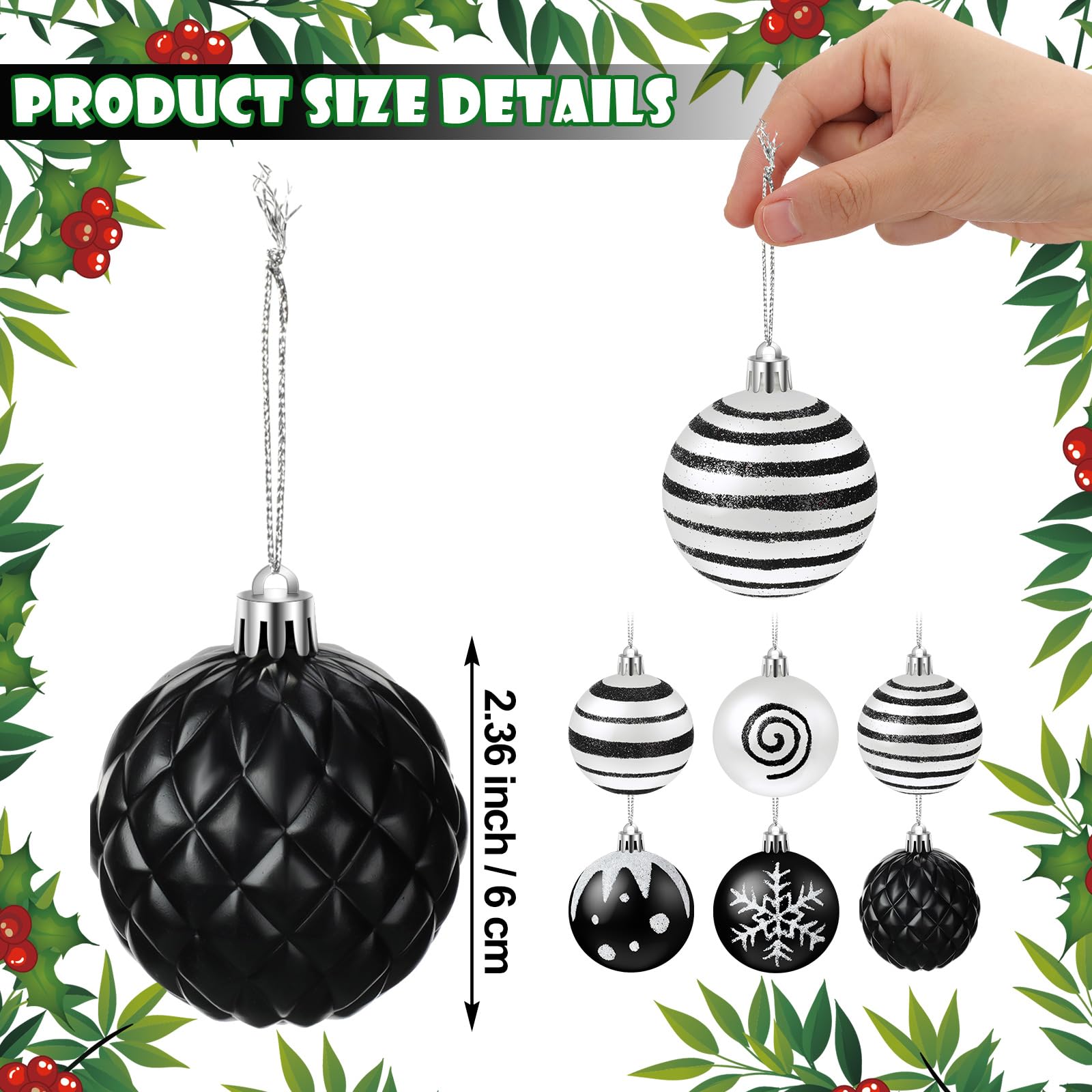 Knitgrip 24 Pcs 2.36 Inch Black White Christmas Tree Decorations Christmas Balls Ornaments Hanging Shatterproof Glittering Ornaments Xmas Trees Pendants for Indoor Outdoor Holiday Party Decoration