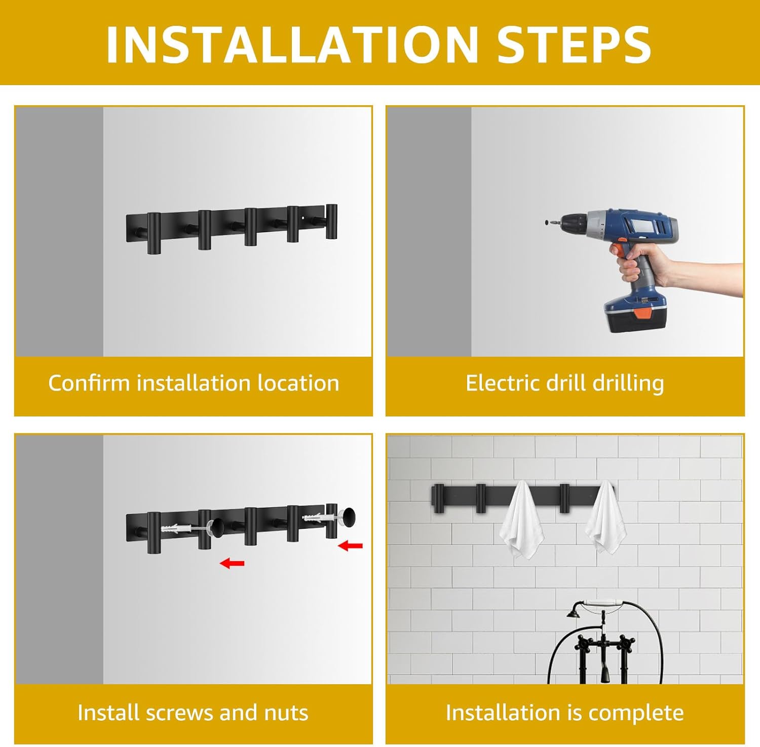 2 Pack Wall Mounted Coat Rack with 5 Hooks,Black Stainless Steel Heavy Duty Wall Hooks, Rustproof Wall Coat Hanger for Coats Hats Towels Bags Keys Bathroom Kitchen Entryway Office