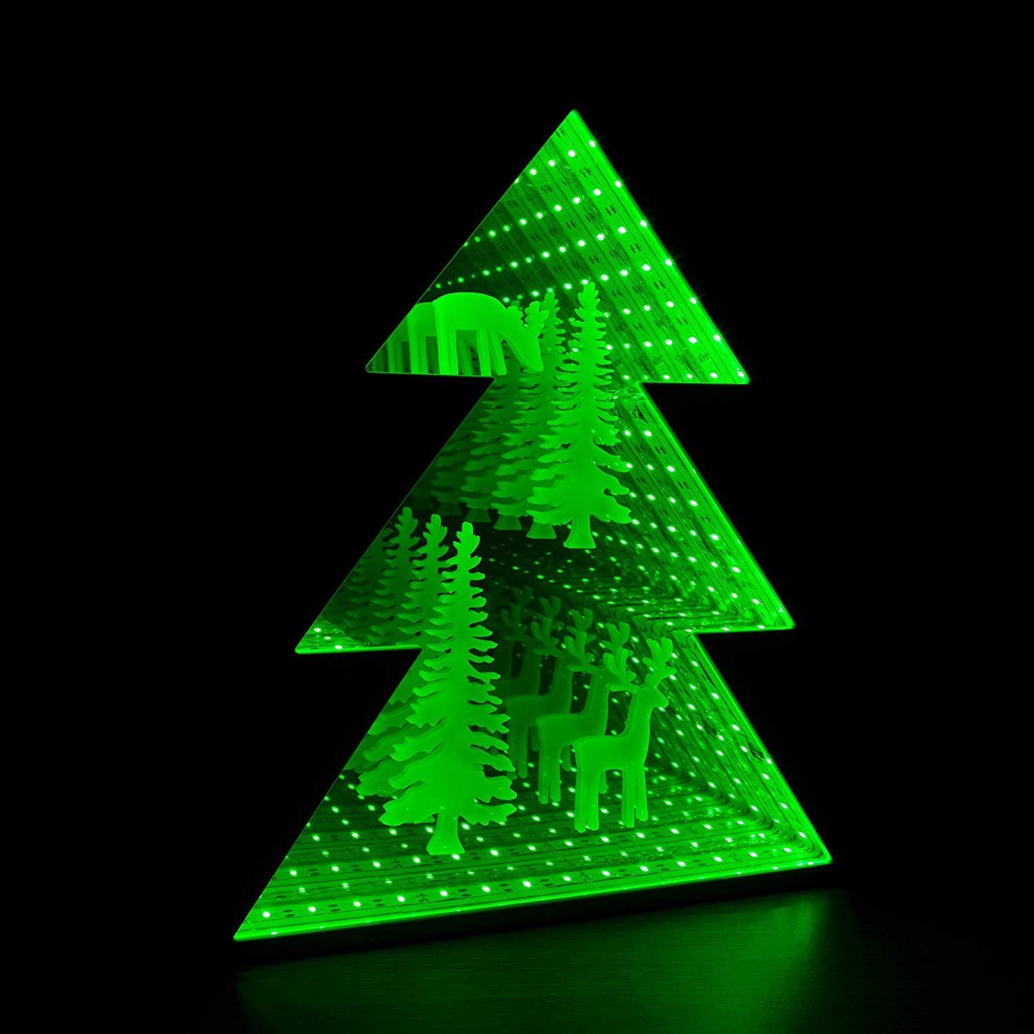 Global Gizmos Green Xmas Tree Wall Mount Infinity Mirror Light With Reindeer Scene,