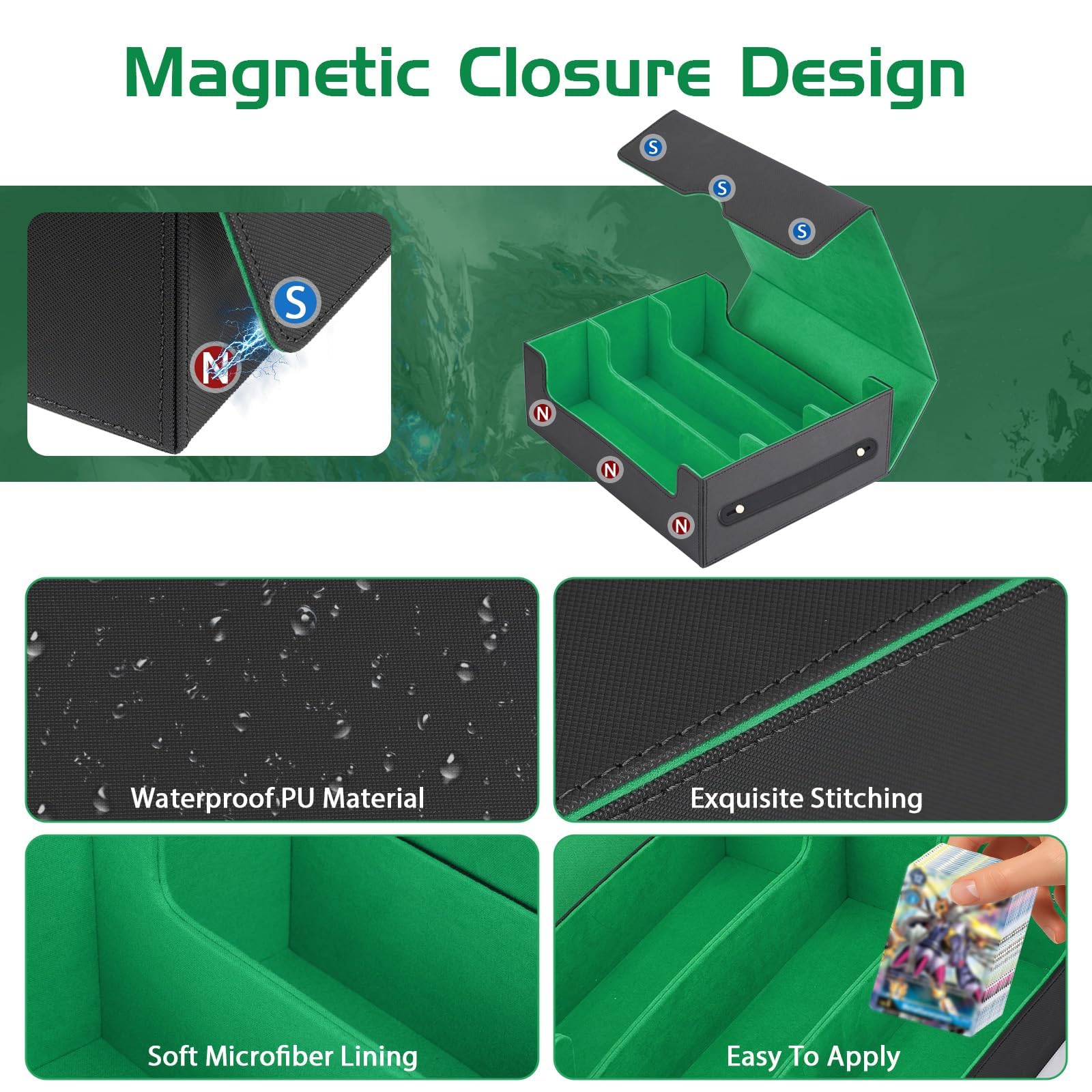 Deck Box per Carte MTG, Deck Box con 10 Divisori Colorati | 3 Righe Deckbox, per le Carte di Magic Commander YGO TCG MTG Nero Verde Decks Boxs