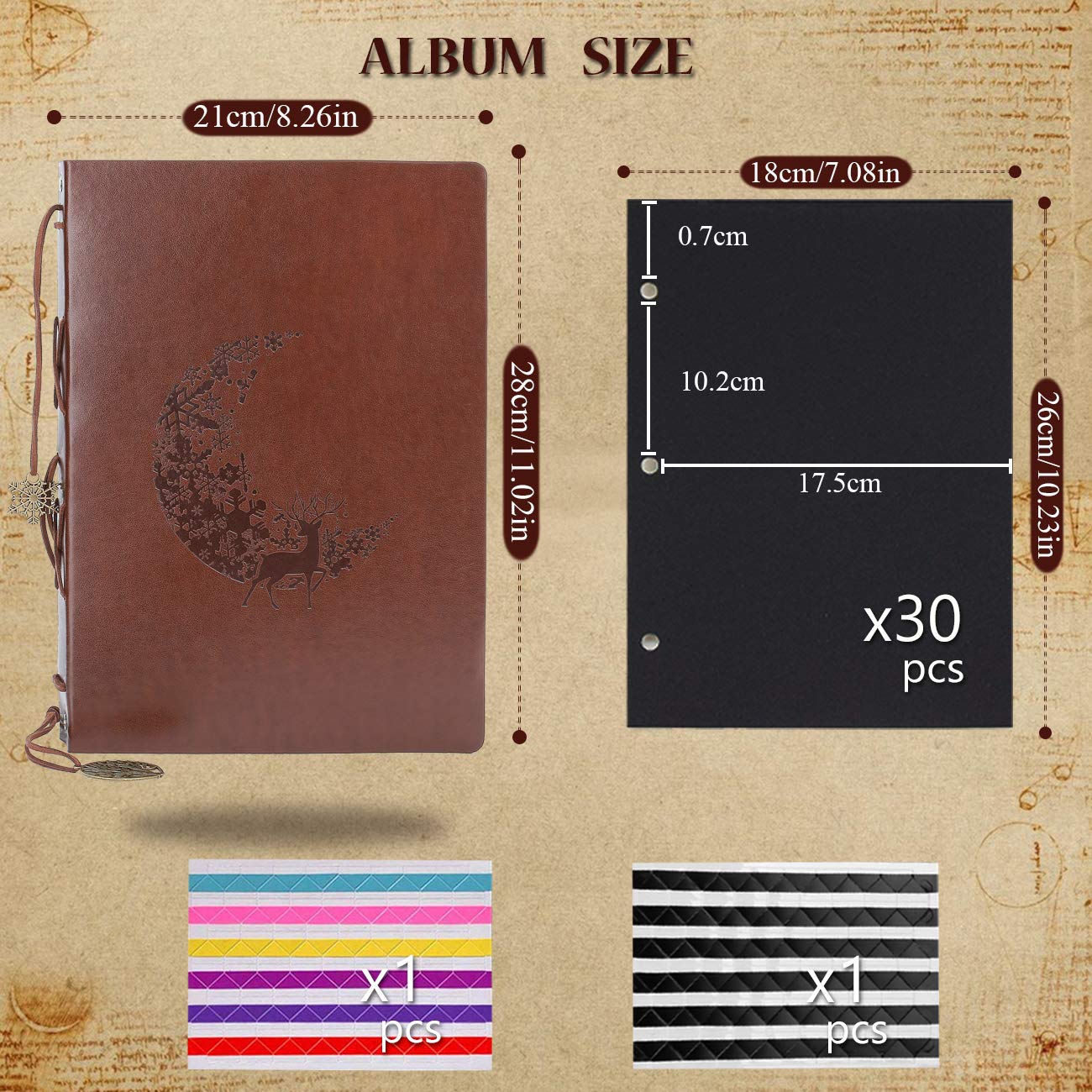 AIOR Album do scrapbookingu, skórzany, w stylu vintage, do uzupełniania, z czarnymi stronami, książka pamiątkowa, na Boże Narodzenie, Święto Dziękczynienia, prezent urodzinowy, na rocznicę ślubu, księżyc i jeleń