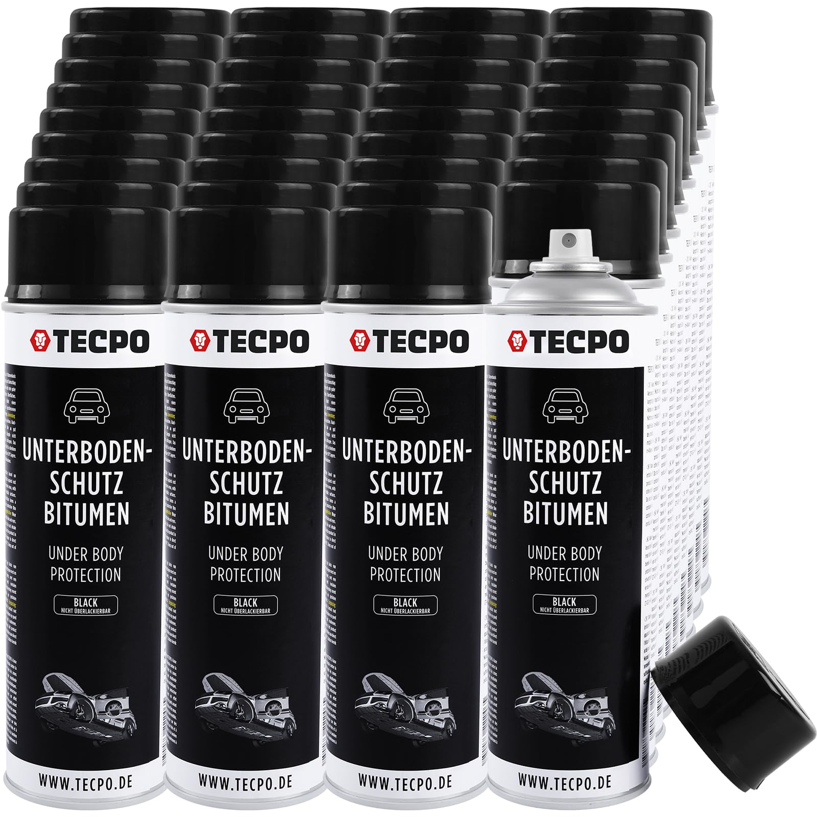 TECPO Protezione per sottoscocca bitume, 36 x 500 ml, nero, protezione contro pietrisco, protezione contro pietrisco, ruggine, sostanze chimiche con effetto anti-rombo