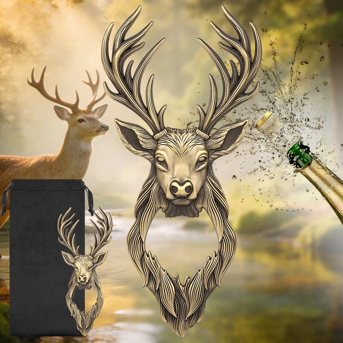 LKKCHER Deer Head Bottle Opener, Novelty Stag Gifts Hunting Gifts for Men, Women, Bronze Bar Tool with Gift Bag, Unique Present for Birthday, Father’s Day, Christmas, BBQ, Camping, Pub Night