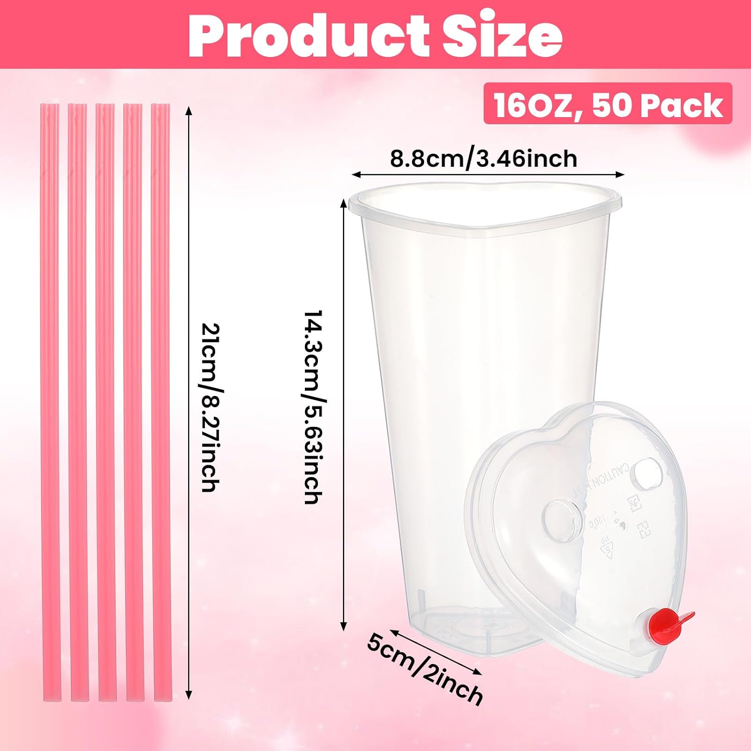 50 Sets Heart Shaped Plastic Cups with Straws and Lids – 16 oz Disposable Clear PP Cups with Pink Heart Straws & Airtight Lids for Valentine’s Day, Bridal Shower, Birthday, Wedding Party Supplies image 2