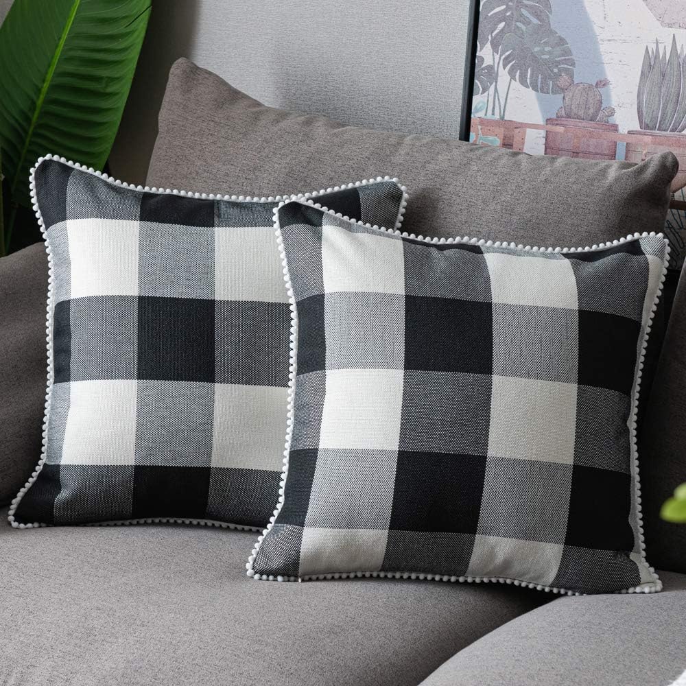 WLNUI Set of 2 Fall Black Buffalo Plaid Pillow Covers 16x16 Inch with Cute Pom Poms Retro Farmhouse Rustic Check Throw Pillow Covers Square Cushion Case for Farmhouse Home Couch Sofa Decor