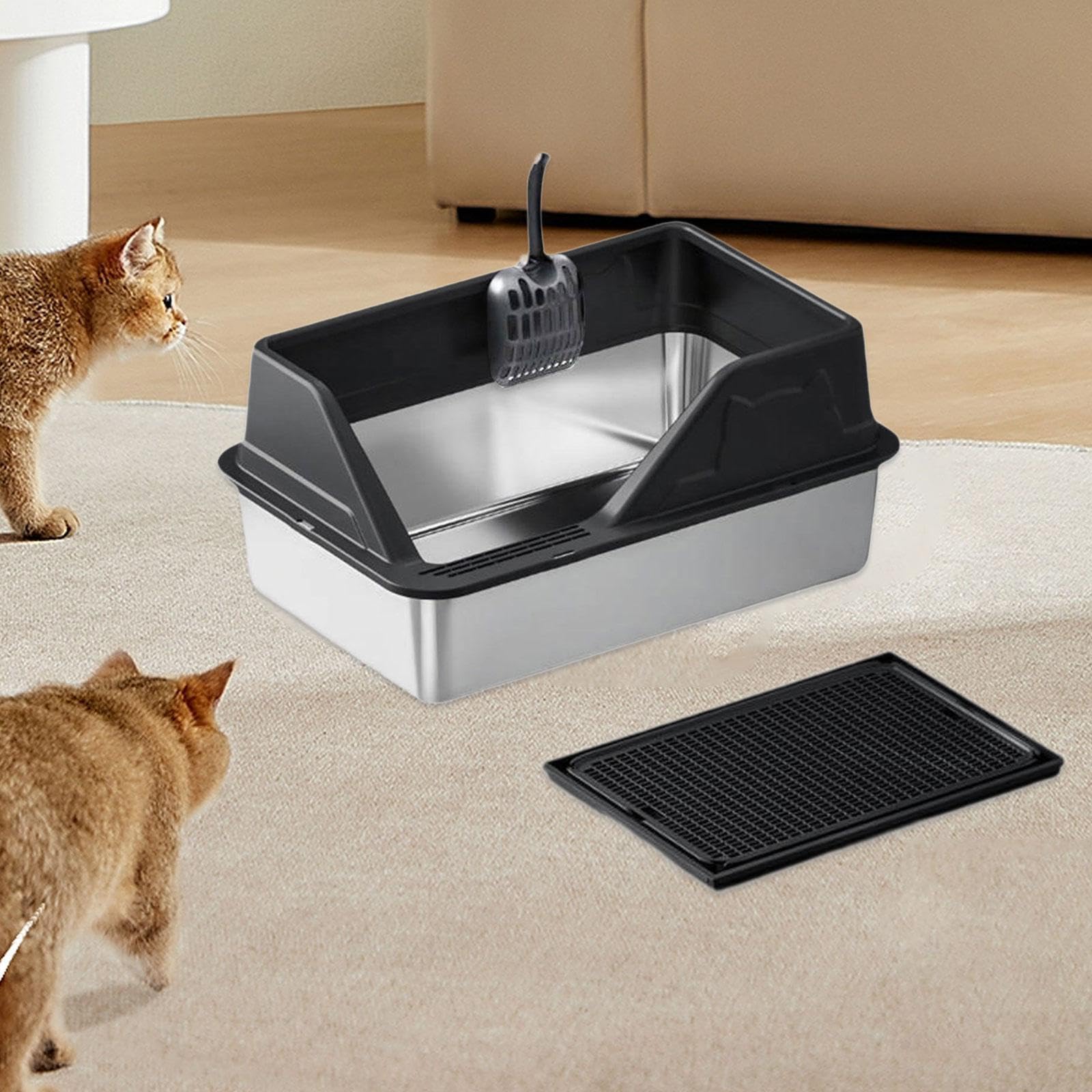 Bandeja de Arena para Gatos con Bordes Altos, Incluye Pala, Arenero Portátil para Gatos, Caja de Arena para Gatitos, Negro