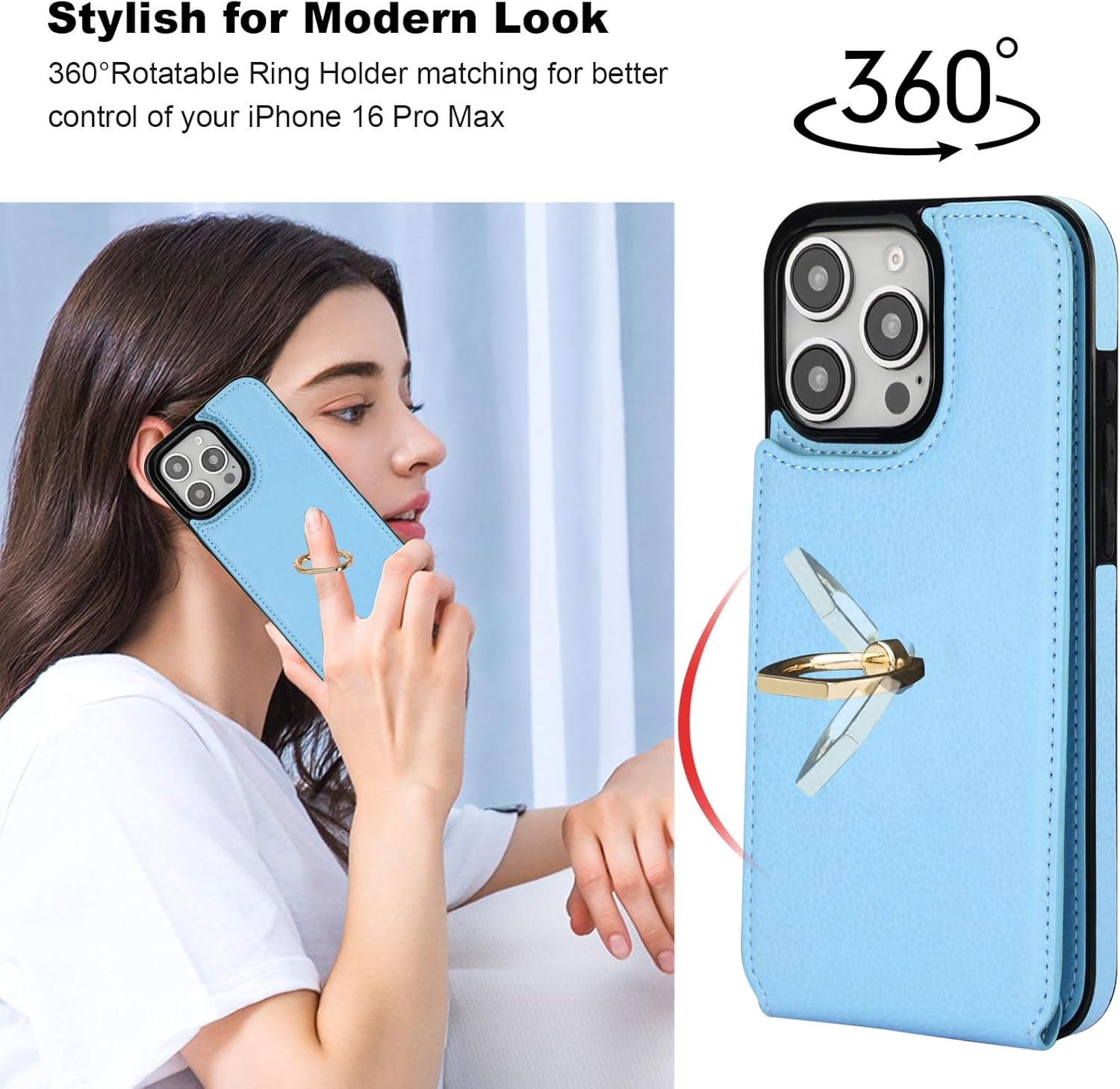 Folosu Compatible with iPhone 16 Pro Max Case Wallet with Card Holder, 360°Rotation Finger Ring Holder Kickstand, RFID Blocking Leather Protective Double Buttons Shockproof Cover 6.9 Inch Blue