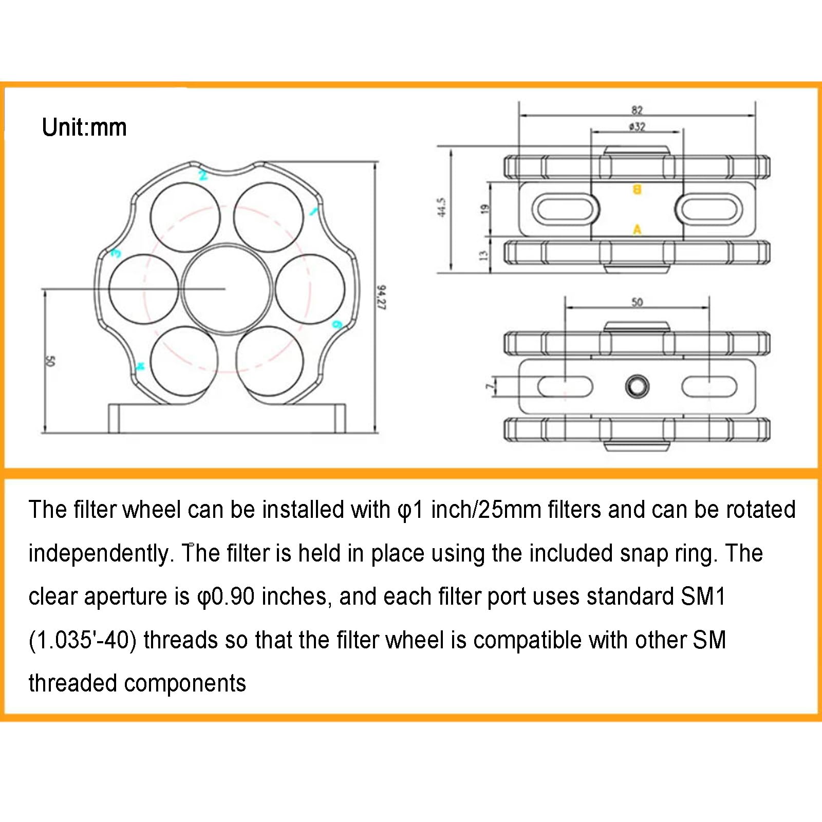 2,5 cm Koaxial-Filterradhalterung mit 6 Positionen und SM1-Gewindelöchern, drehbare optische Laborausrüstung für Forschungsanwendungen