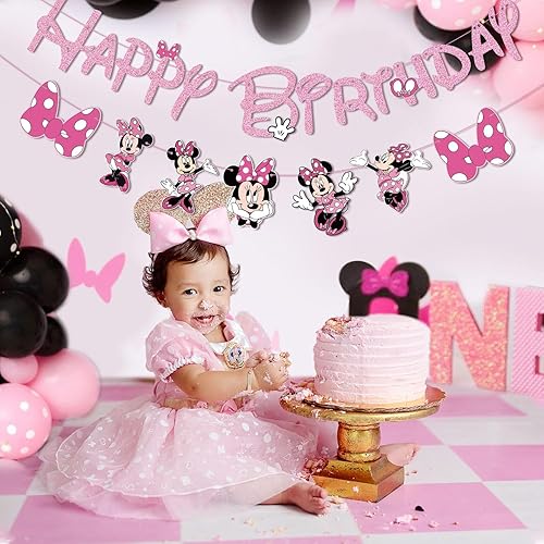 Miniatura 5 de Pink Mouse Birthday Banner for Girls, Party Decorations for 1st 2nd 3rd Birthday and Baby Shower (Pink) 1