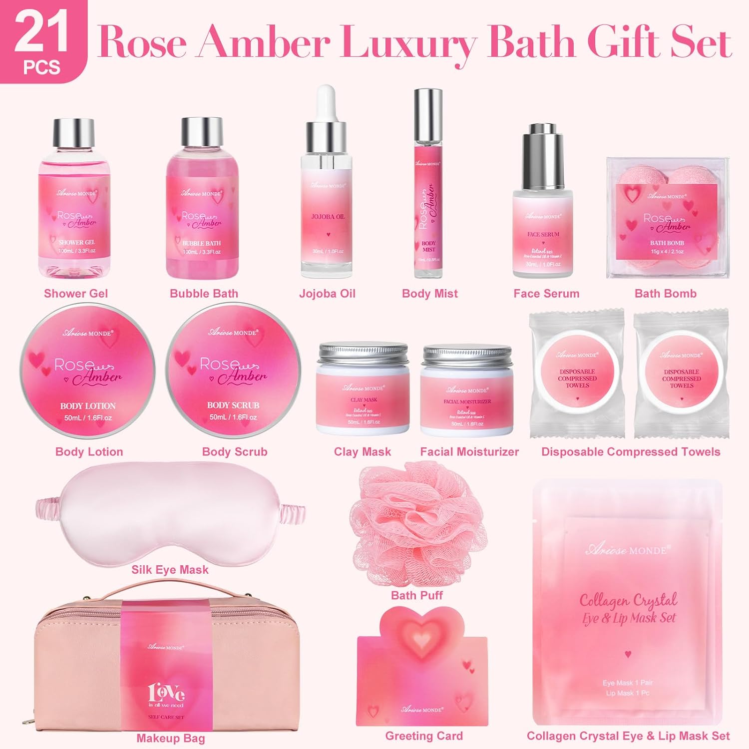 Mothers Day Birthday Gifts for Women, 21 Pcs Rose Amber Scented Spa Gift Baskets, Self Care Bath & Body Facial Skincare Gift Set, Relaxing Home Spa Kit for Mom Her Friend Sister Wife Girlfriend